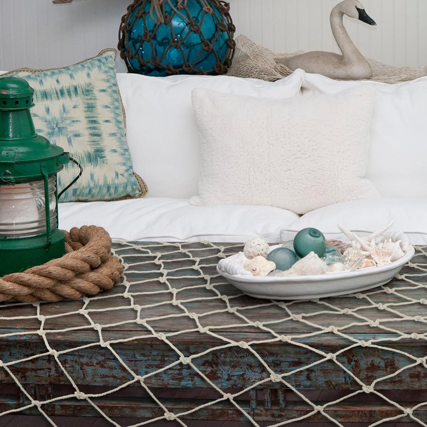 Decorative Fishing Net 80x40 Inch,YuanDe 2 Pack Large Beige Picture Fish Net, Wall Photo Hanging Fishnet for Nautical Mermaid Pirate Ocean Themed Hawaii Beach Under The Sea Party Decorations