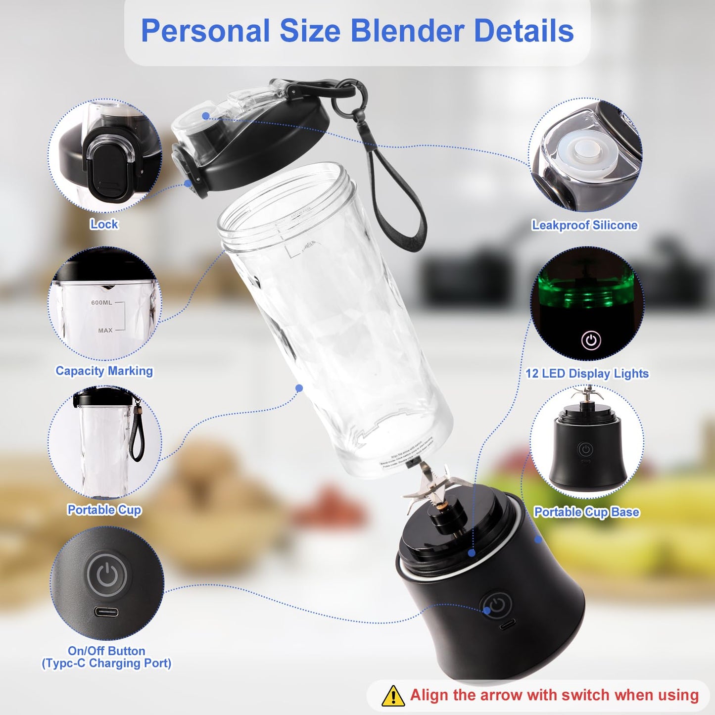 Smoothie Blender, Personal Blender for Shakes and Smoothies with 20oz Portable Cup, Travel Lid and Stainless Steel Blades, Rechargeable Portable Smoothie Maker for Juices, Office, Gym, Travel