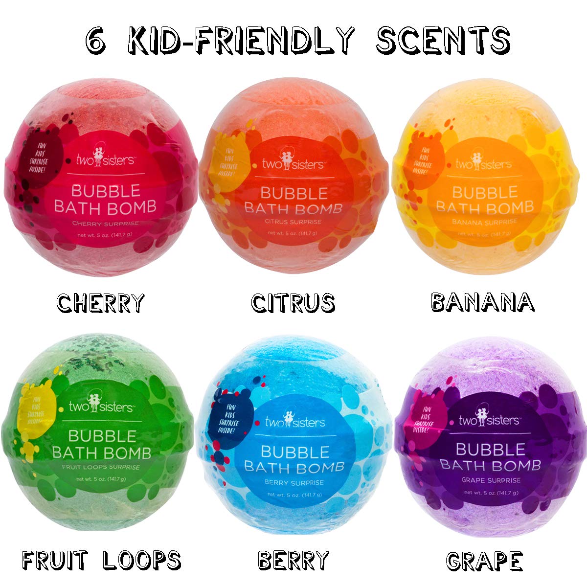 Kids Bath Bombs with Surprise Toys Inside (6 Pack) - Releases Color & Bubbles, Won’t Stain Tub, Moisturizing, Large Bubble Bomb, USA Made - Ideal Gift for Girls & Boys by Two Sisters