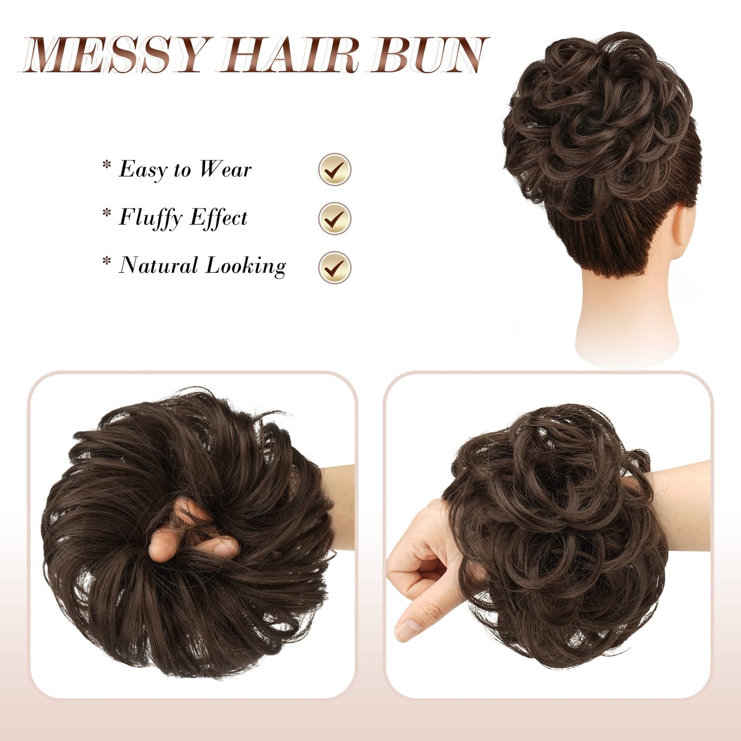 FESHFEN Messy Bun Hair Piece - Large Wavy Curly Elastic Hair Bun Scrunchies Ponytail Extensions Synthetic Chignon Hairpieces for Women, Medium Chestnut Brown 1.94oz