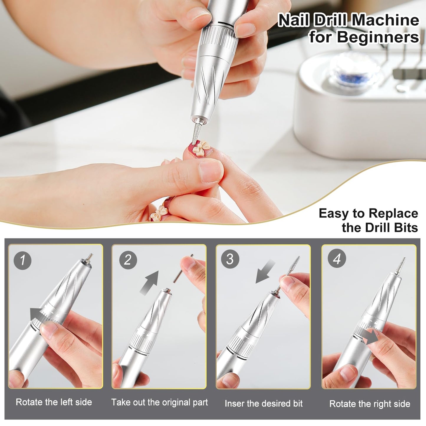 Electric Nail Drill Machine, 40000RPM Professional E File Nail Drill Kit for Gel Acrylic Nails,High Speed Low Vibration Low Heat Nail Grinding with LED Light, 7 Bits, F/R Rotation, LCD Screen (White)