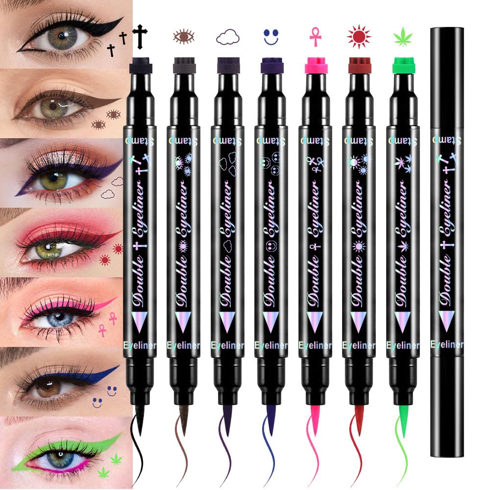 BINGBRUSH 7Pcs/set Double-sided Liquid Stamp Eyeliner Pen, Face Stamps Makeup Extremely Black Waterproof Slim Gel Felt Tip High Black Pigment Liquid Eyeliner & Seal (7 pcs set02#)