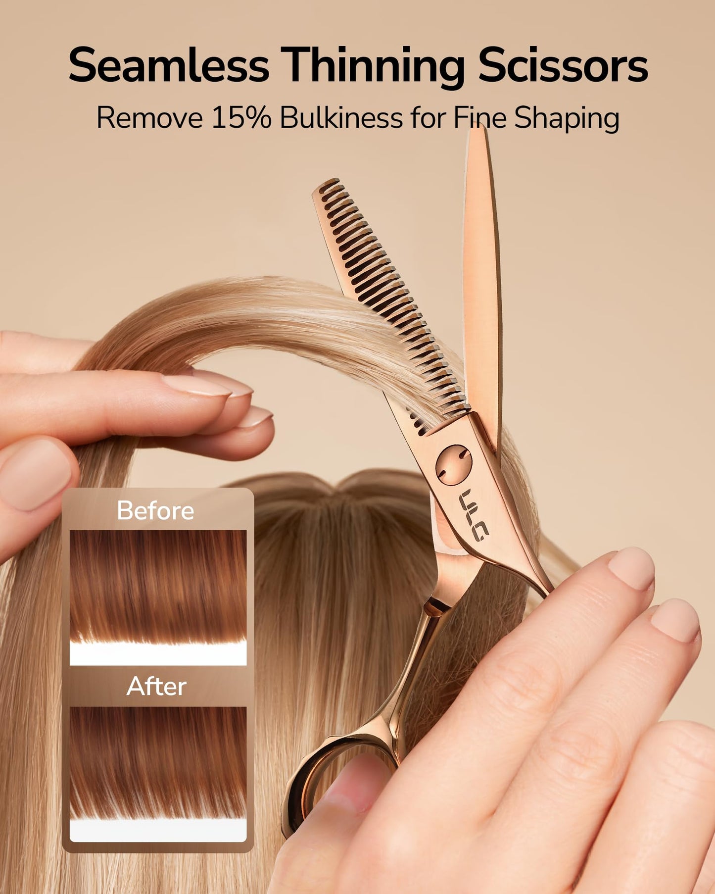 ULG Professional Seamless Hair Thinning Scissors Luxury 18K Rose Gold Coated 6.5" Barber Scissors 440C Japanese Stainless Steel Hand-Honed Convex Blades Offset Handles Tension Adjustable, Right-Handed