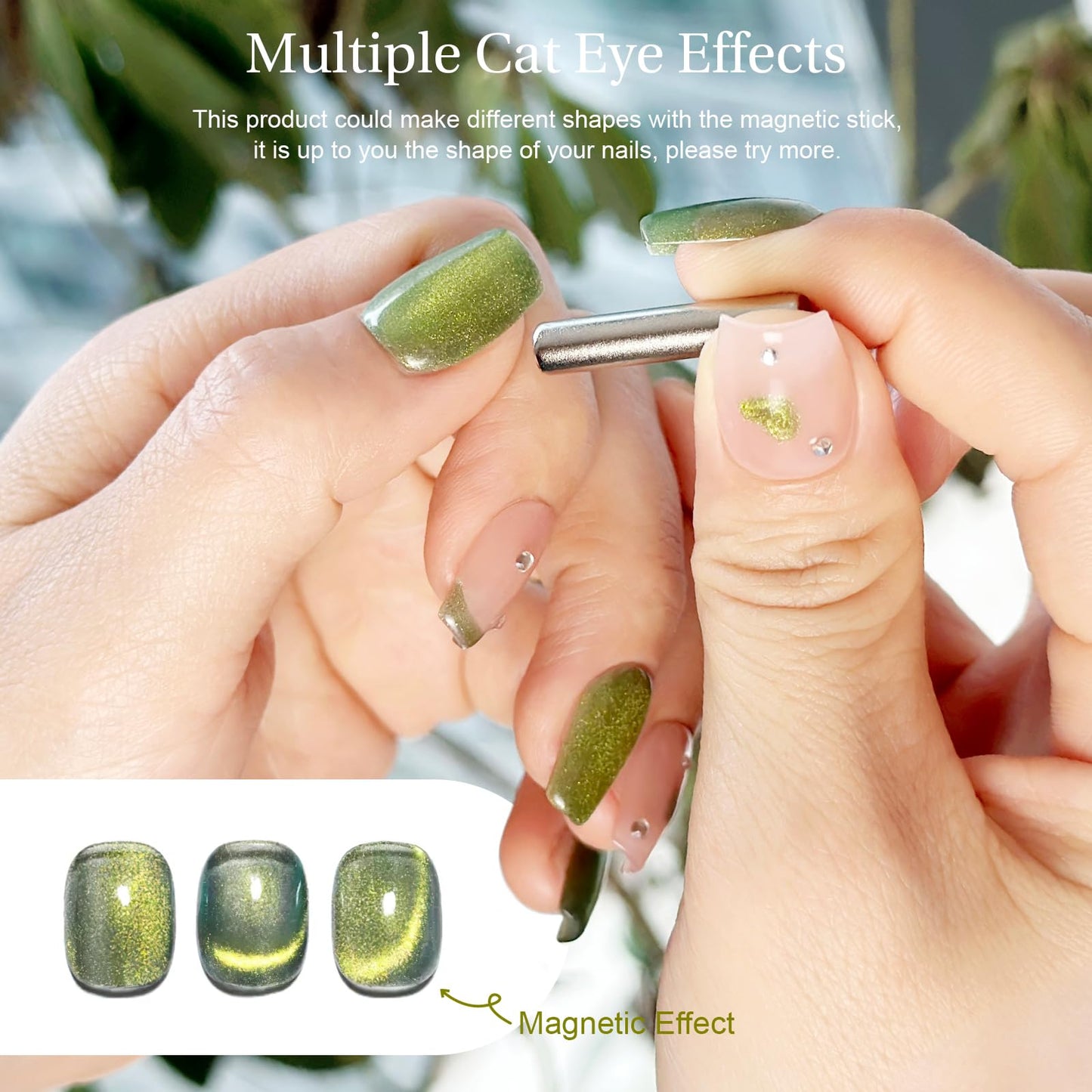 SAGEBIO Cat Eye Gel Nail Polish with Magnet Stick, 15ml Glitter Holographic Nail Polish, Magnetic Effect Gel for Home DIY Manicure Gift, Jelly Green