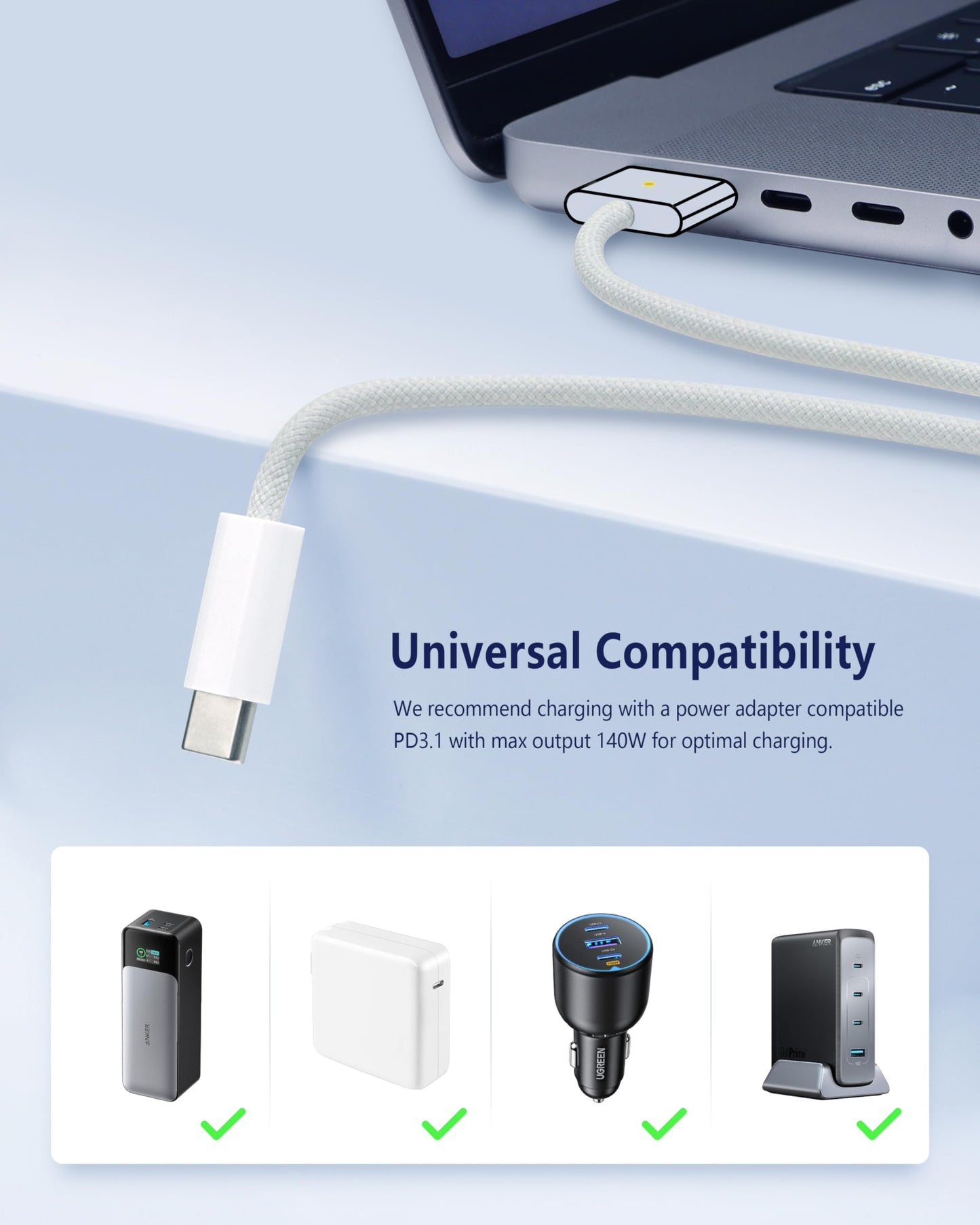 DERLULU USB-C to Magnetic 3 Fast Charging Cable (2 m/6.6 ft), USB C Cable Compatible with MacBook Air (15''/13'' M3 2024, 15" M2 2023, 13" M2 2022), MacBook Pro (16"/14" 2023/2021), Silver