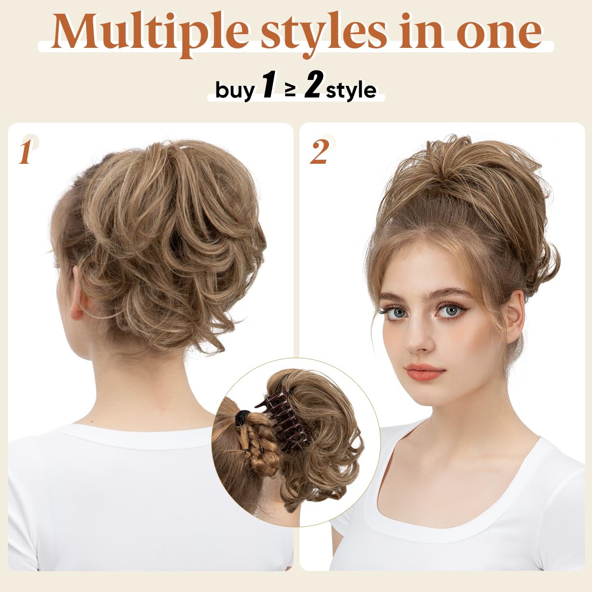 youngways Claw Clip Short Ponytail Messy Bun Hair Piece Bendable Hair Branch Extensions Fluffy Wavy Curly Synthetic Versatile Pecan Hairpieces