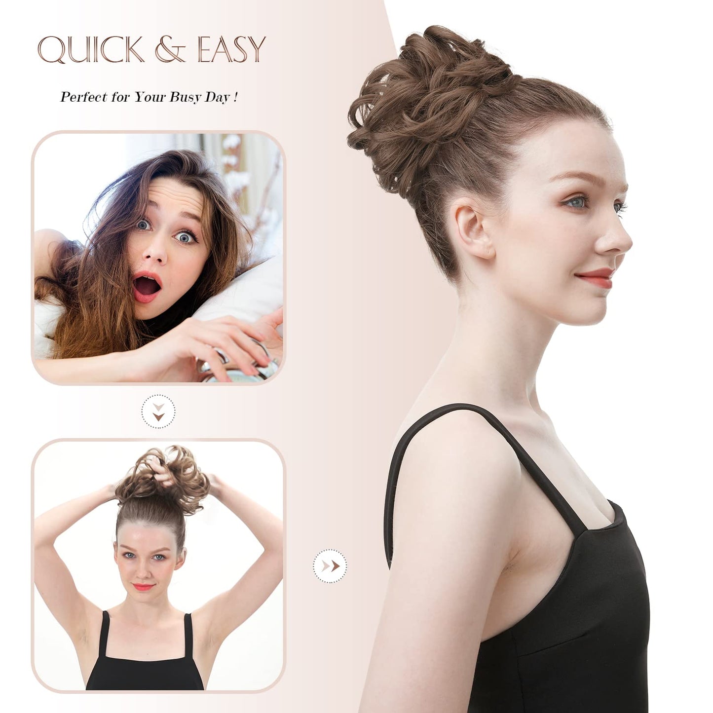 FESHFEN Messy Bun Hair Piece - Elastic Wavy Curly Hair Bun Scrunchies Extensions Synthetic Chignon Hairpieces for Women Girls, Mixed Blonde and Ash Blonde Tips 1 PCS