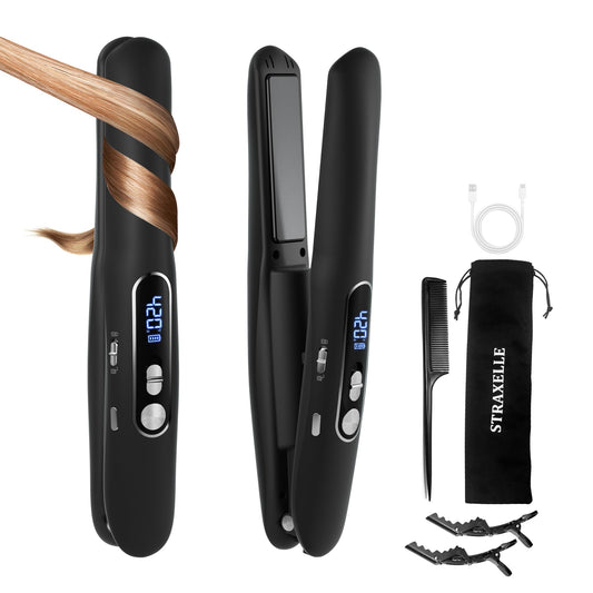 Cordless Hair Straightener and Curler 2 in 1, Portable Mini Flat Iron Adjustable 350°F-420°F Mini Travel Hair Straightener LED Display/5000mAh Ceramic Flat iron hair straightener for Women Men (Black)