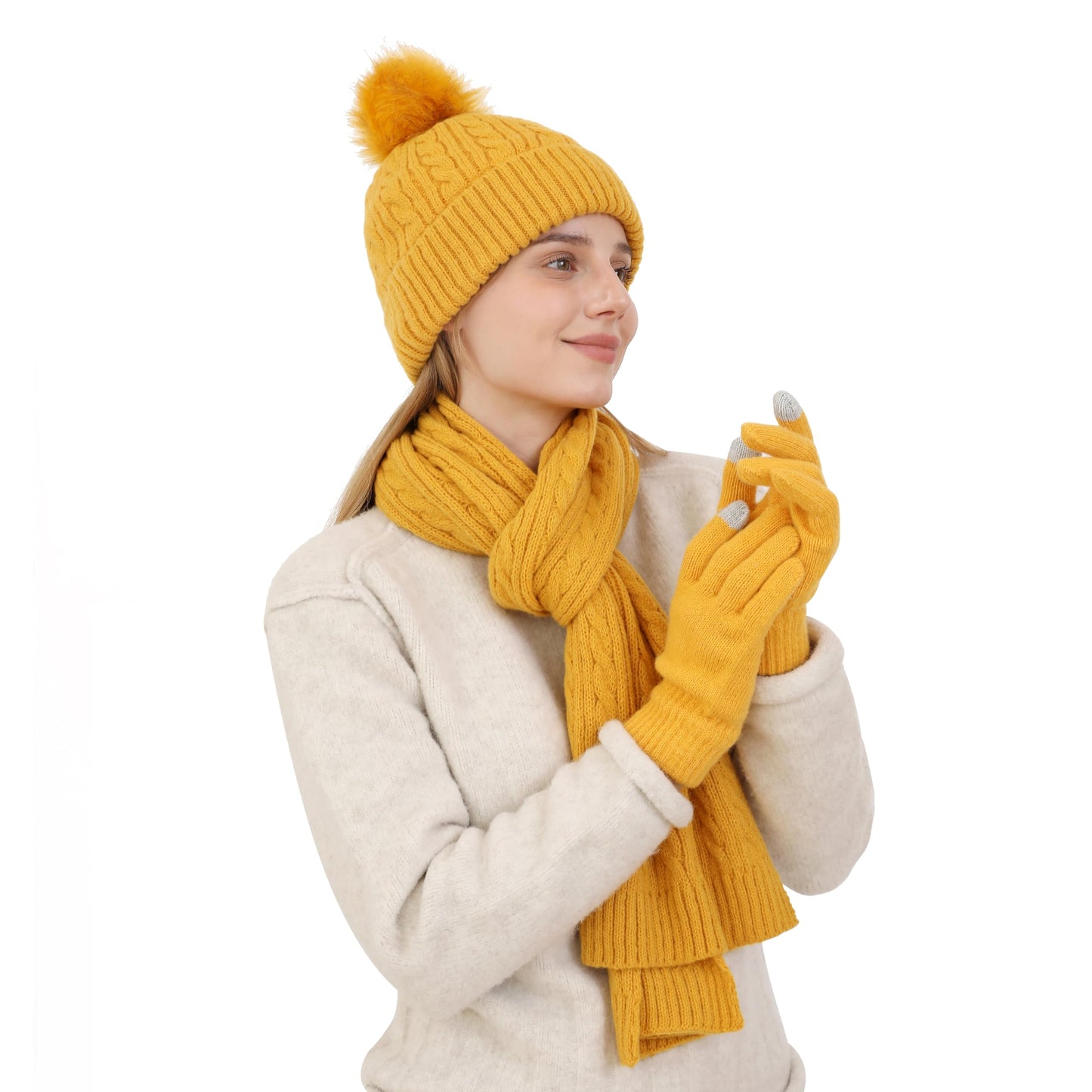 Double Couple Winter Beanie Hat Scarf Gloves Set for Women Beanie with Pom Long Scarf Warm Touchscreen Gloves Set
