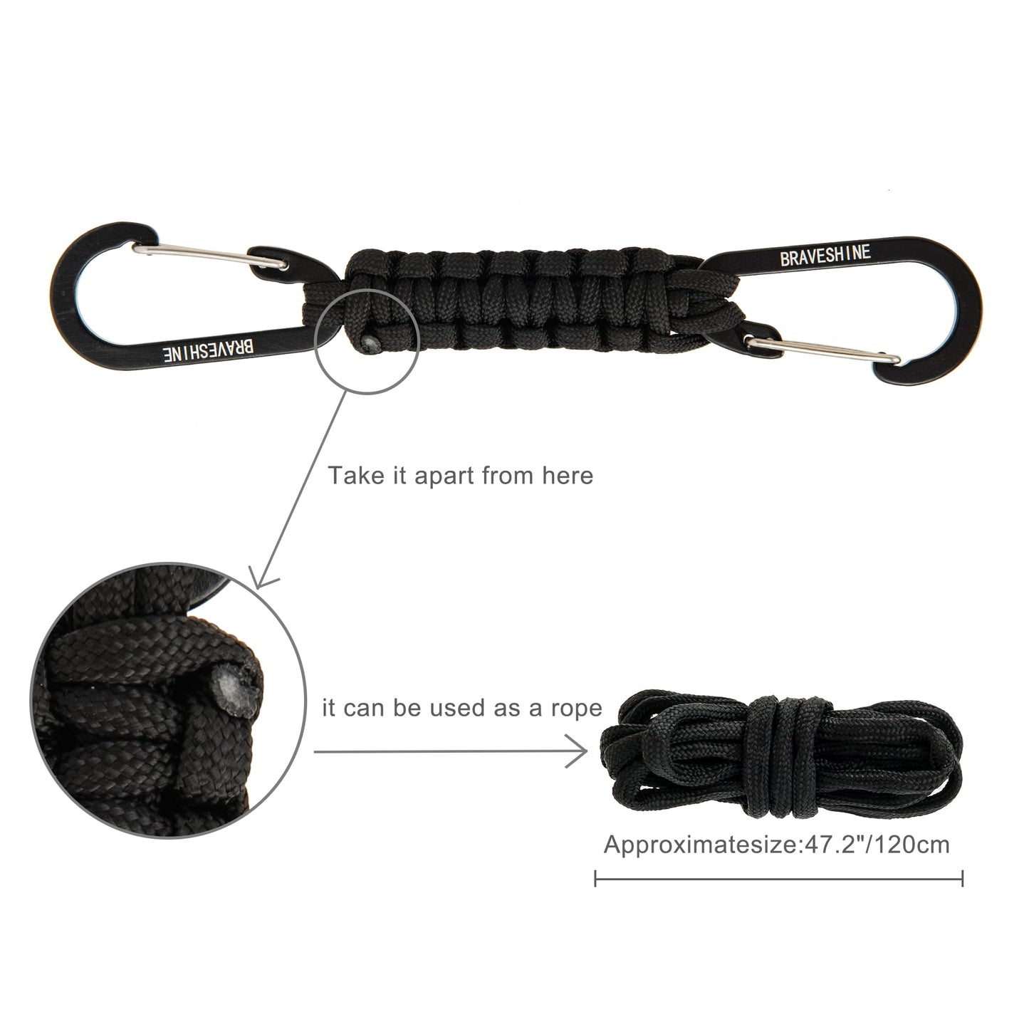 BRAVESHINE 1 Black 1 Pink Paracord Keychain Hooks Carabiner Clips, Lanyard Hanger with D Ring Hooks Heavy-Weight Stroller Hooks Holder for Water Bottle, Key, Backpacks, Tools, Boys, Girls, Men, Women