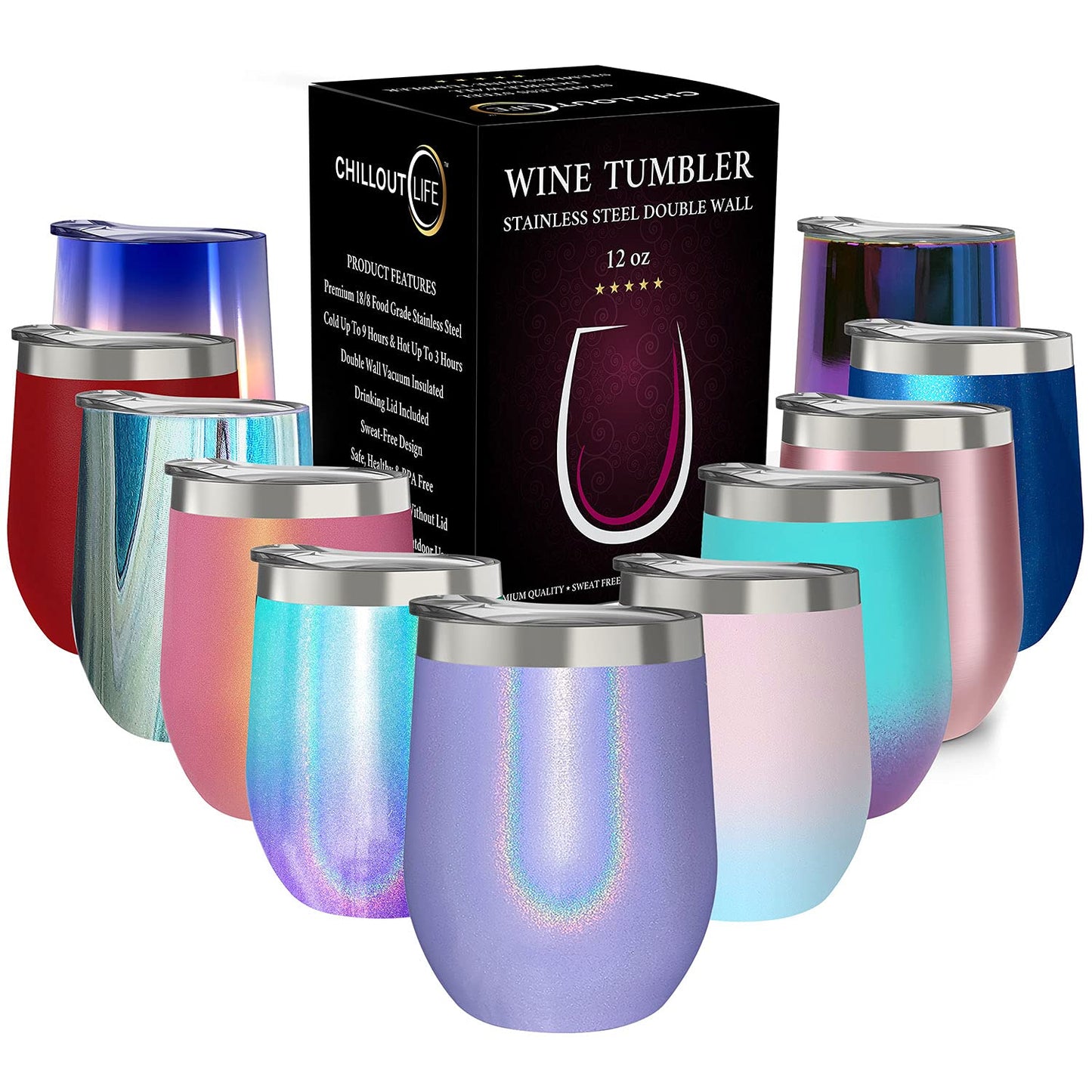 CHILLOUT LIFE 12 oz Stainless Steel Tumbler with Lid - Wine Tumbler Double Wall Vacuum Insulated Travel Tumbler Cup for Coffee, Wine, Cocktails, Ice Cream - Purple Sparkle