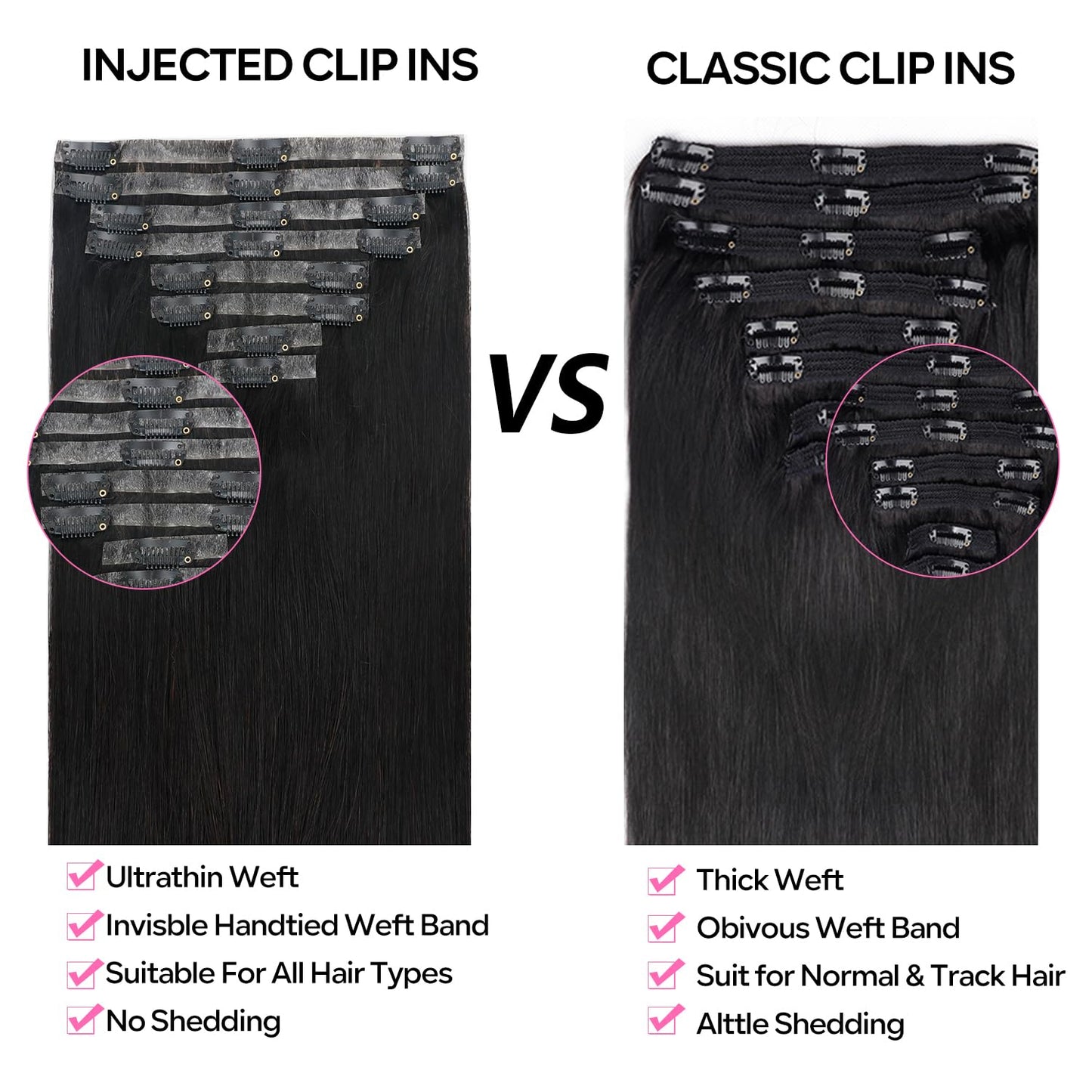 Injected Clip in Hair Extensions Real Human Hair Invisible Hand-Tied Weft Hair Extensions Clip in Human Hair Straight Seamless Clip ins for Women 8Pcs 120g 16inch #1B Natural Black