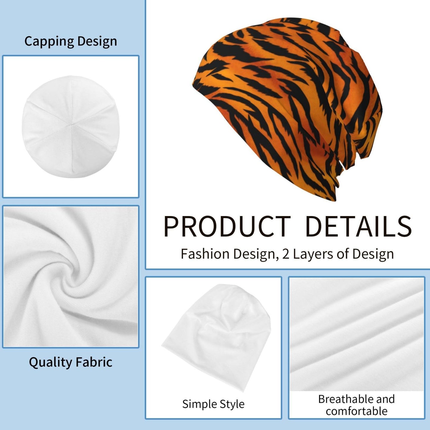 ZUHAOGO Animal Print Tiger Black Gold Skull Beanie Hats Slouchy Winter Warm Chemo Caps Stretch Hip-Hop Skull Cap Beanie Lightweight Sleep Cap Headwear Knit Beanies for Men Women