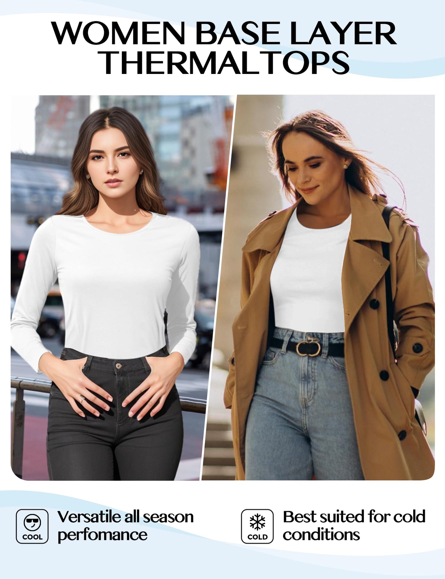 YOGINGO Women's Long Sleeve Thermal Underwear Lightweight Compression Base Layer Warm Shirt 2023 Stretchy Durable Women Fashion Clothing Fall Winter Fashion Premium Comfort XS-2XL Winter Tops White