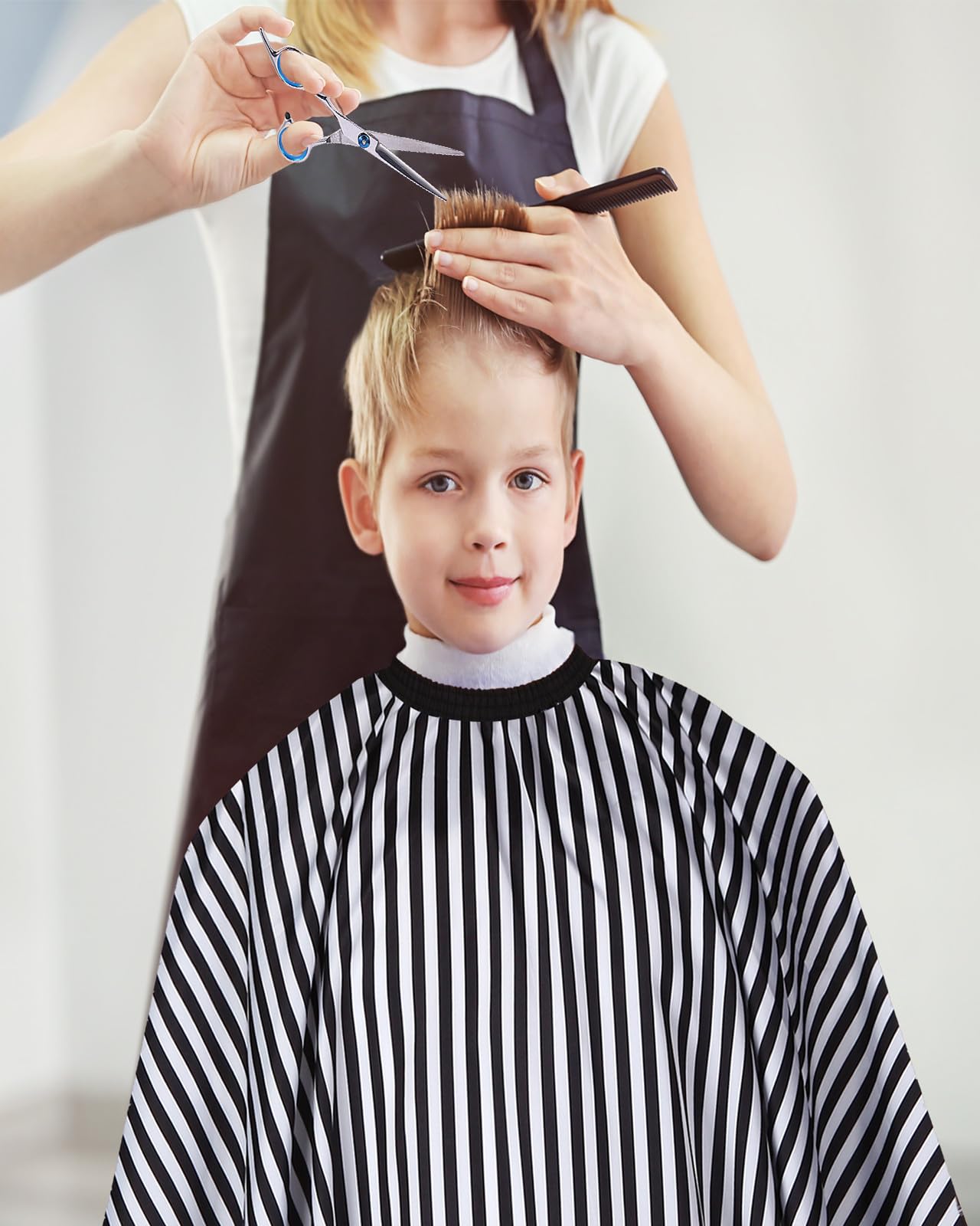 YELEGAI Professional Hair Cutting Cape with Neck Duster Brush, Large Size Salon Barber Cape for Men, Women and Kids(White with Black Stripes)