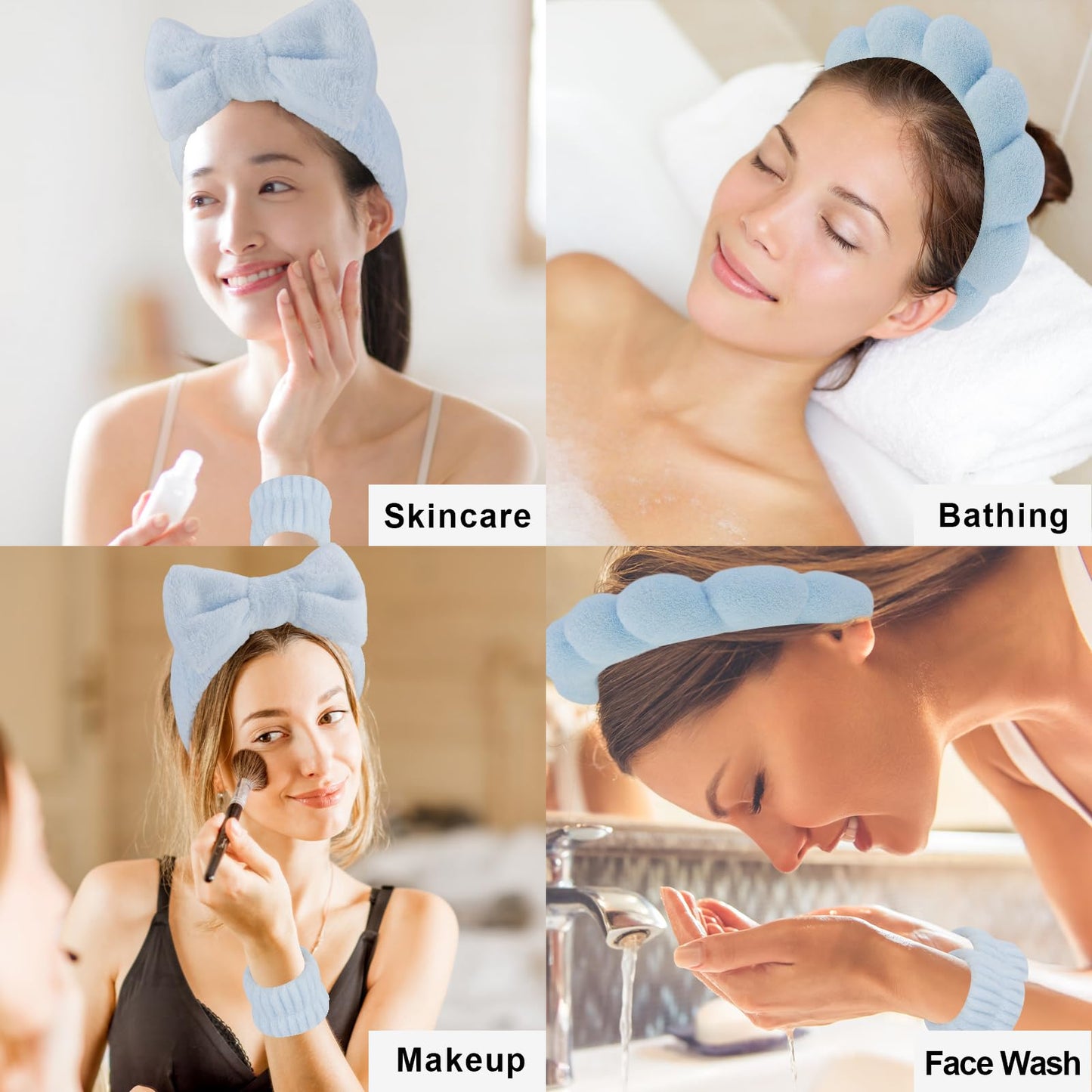 Canitor Spa Headband Wrist Bands Set with Hair Clips Skincare Headband for Washing Face Skin Care Puffy Makeup Headband Preppy Teen Girl Gifts Cute Trendy Stuff Hair Accessories for Women (blue)