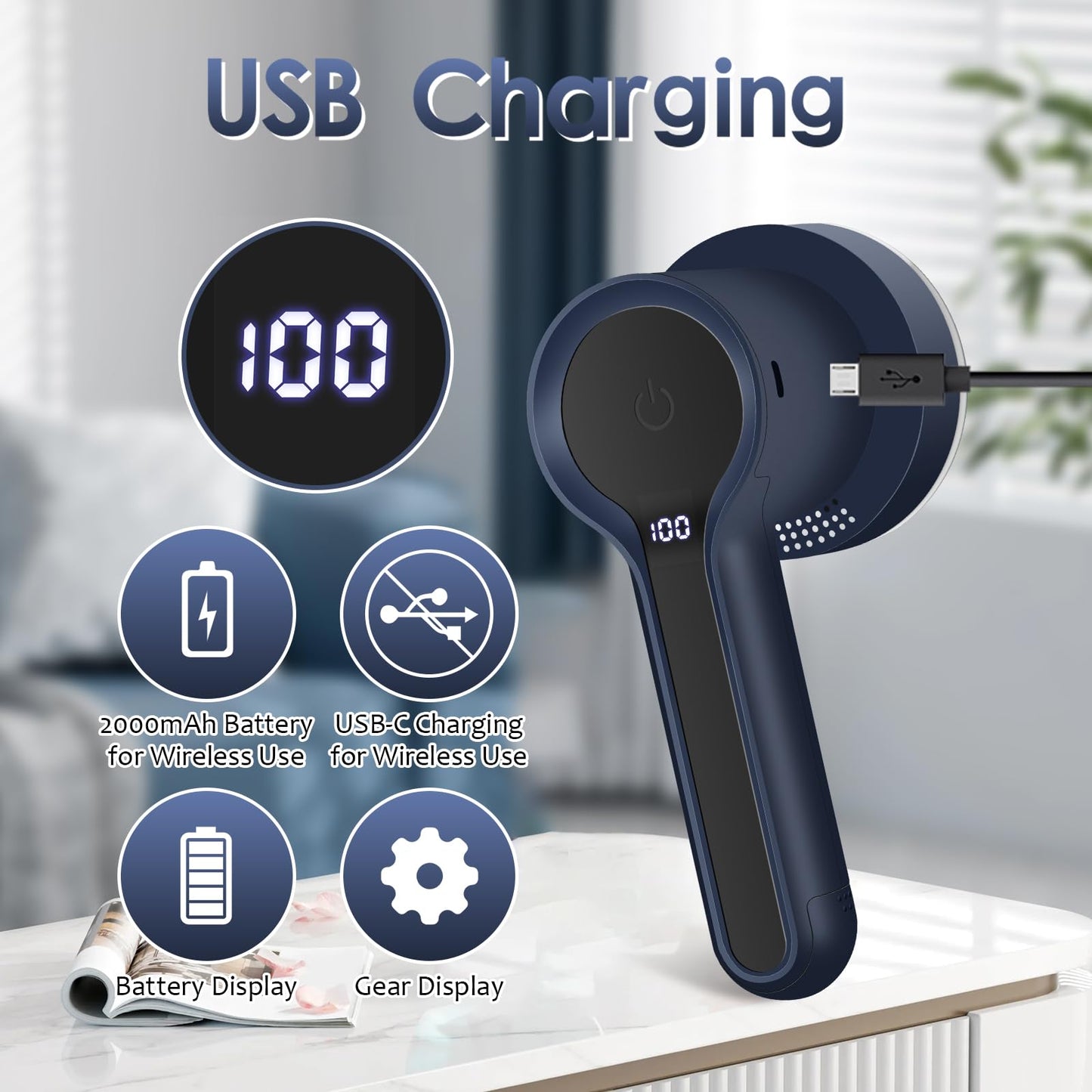 SUPER LINT Electric Fabric Shaver, Sweater Shaver with LED Display, 6-Leaf Blades, Clothes Brush, 3-Speeds for Removing Fuzz and Pill Form Clothing, Couch, Furniture, Navy Blue
