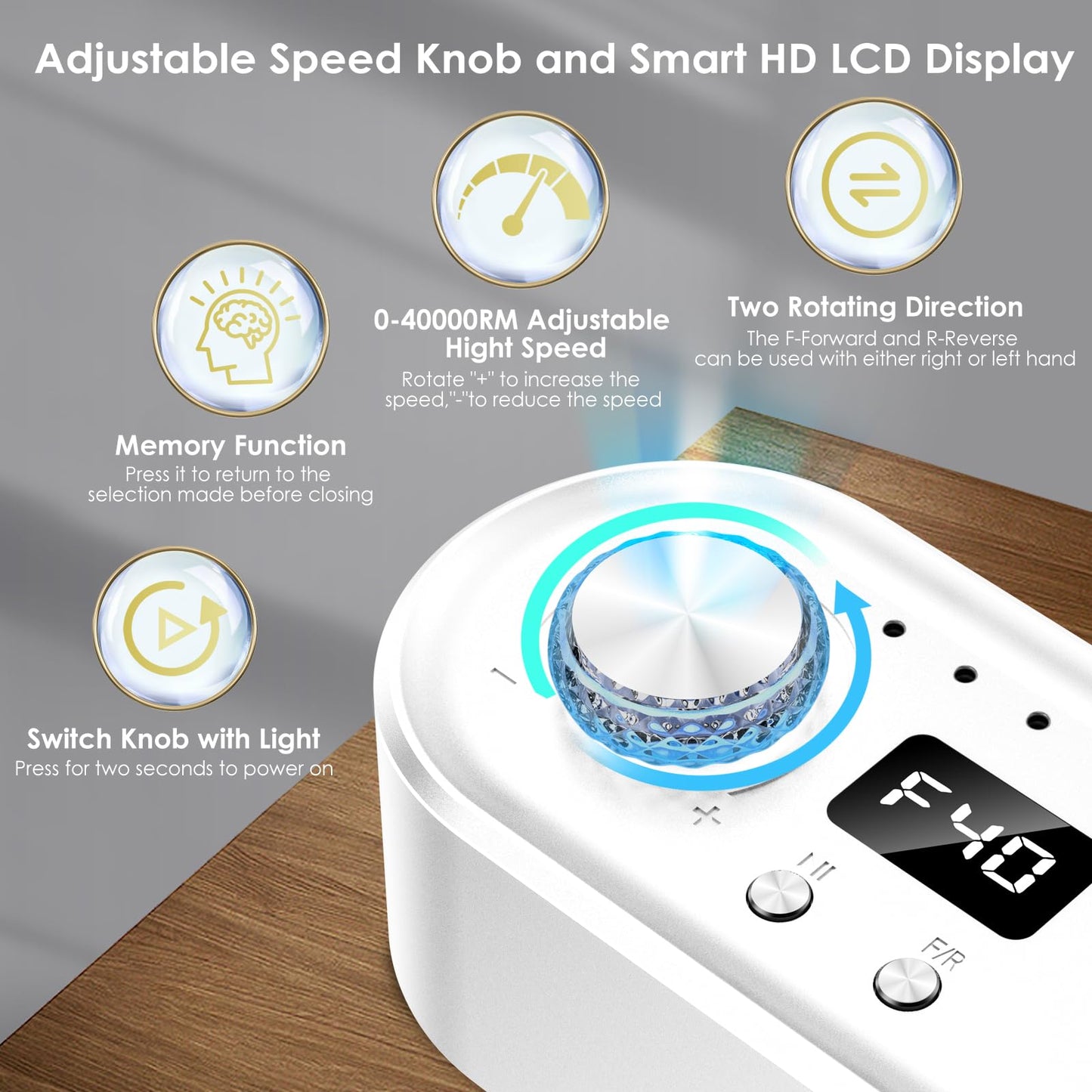 Electric Nail Drill Machine, 40000RPM Professional E File Nail Drill Kit for Gel Acrylic Nails,High Speed Low Vibration Low Heat Nail Grinding with LED Light, 7 Bits, F/R Rotation, LCD Screen (White)