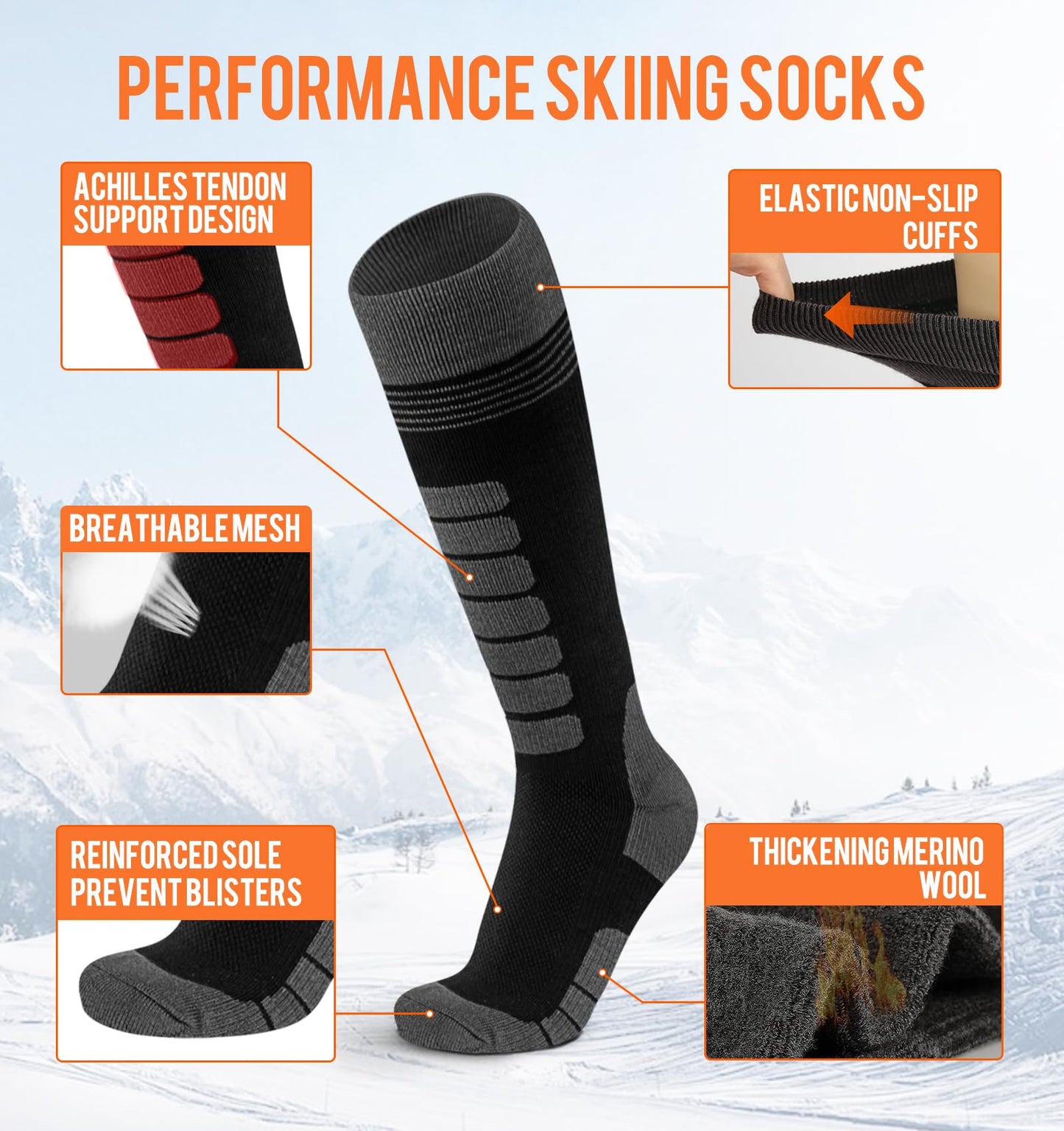 KEECOW Merino Wool Ski Socks for Men & Women 2 Pairs, Thermal Warm Socks for Winter Snowboarding Hunting Outdoor - Knee-high (US, Alpha, Large, Regular, Regular, Black)