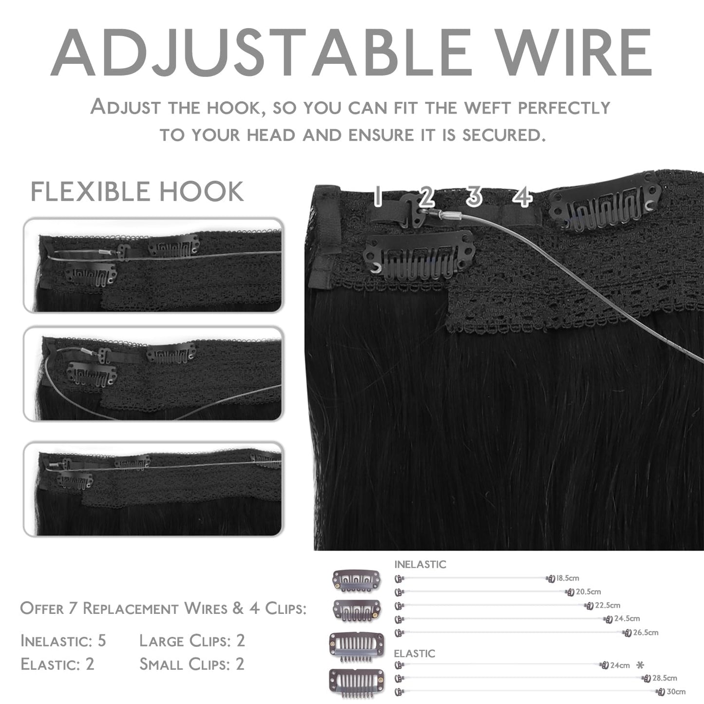 WENNALIFE Wire hair extensions (Increase 50% Lifespan) Real Human Hair 12 inch 70g Jet Black Remy Invisible Transparent Wire Fish Line, Straight Real hair