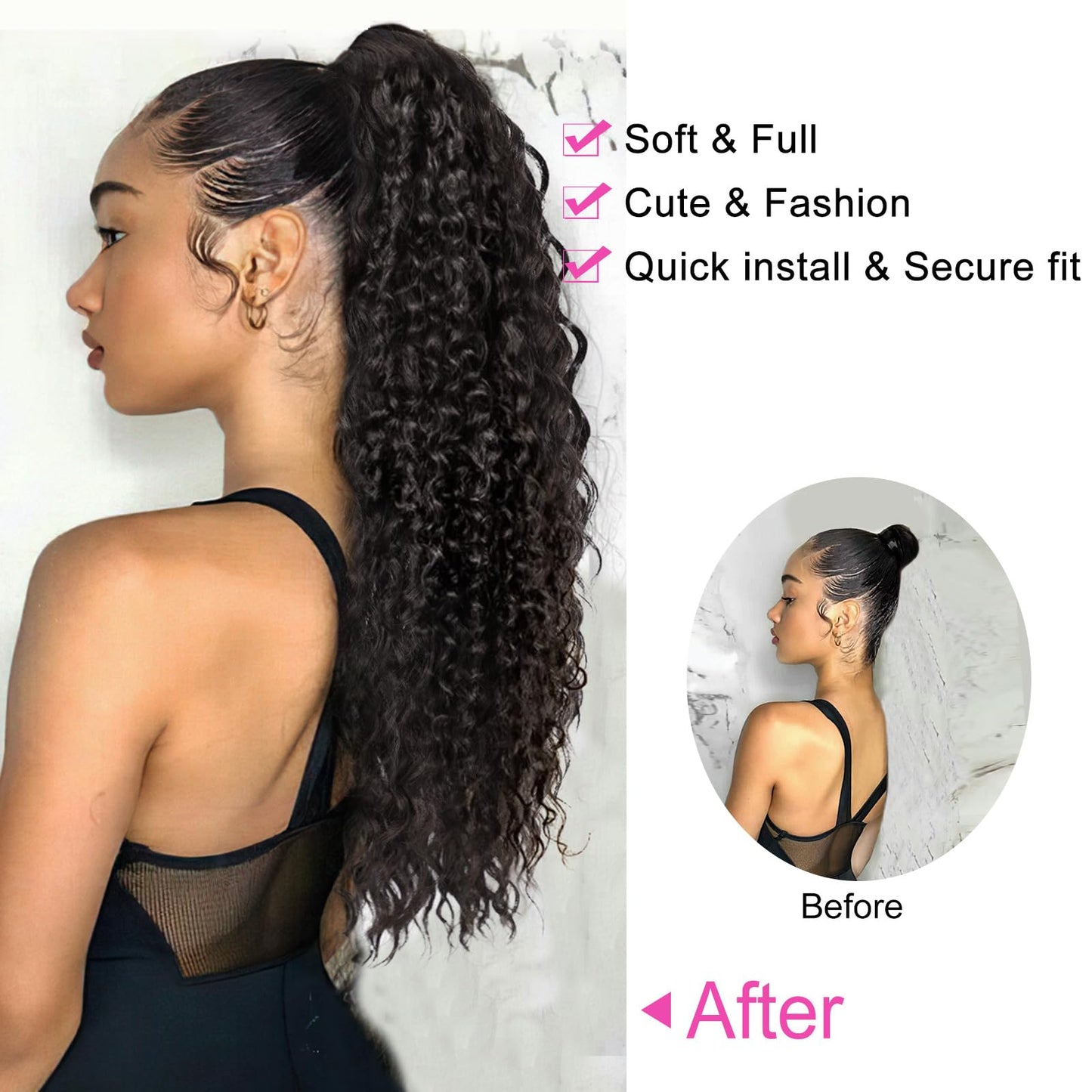 QGZ Curly Ponytail Extension,Drawstring Ponytail for Black Women 26 Inch Synthetic Long Afro Curly Fluffy Ponytail Hairpiece for Daily Use(Black Brown)