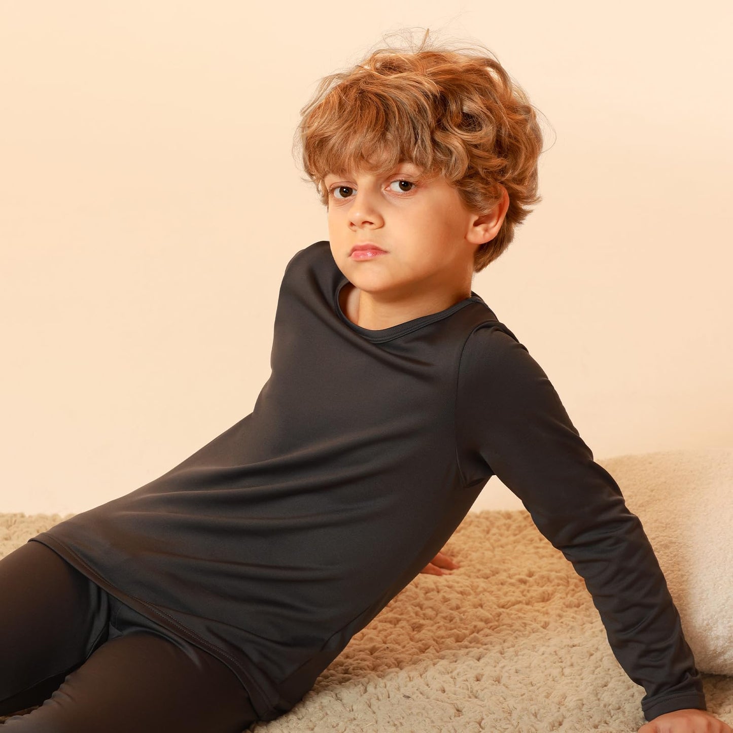 HODOSPORTS Boy's Thermal Underwear Top Kid’s Winter Base Layer Fleece Lined Compression Shirt Dark Grey