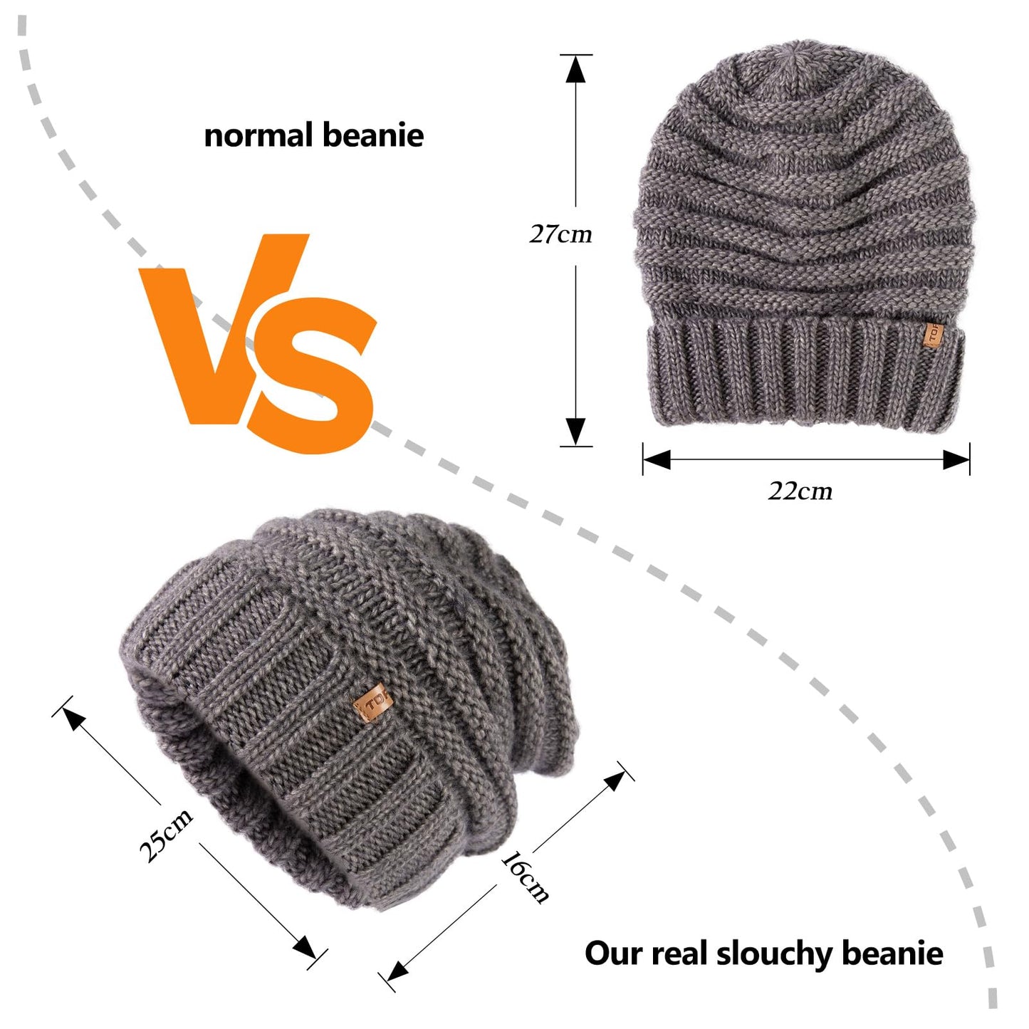 TOP-EX M/L/XL 100% Merino Wool Ladies Slouchy Beanie for Women Winter Hat Fleece Lining Warm Knit Hats Cold Weather Skull Hat Soft Stretch Ski Cap Dark Grey