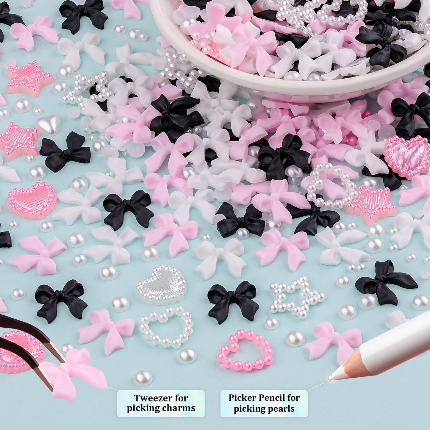3D Nail Charms & Pearls Set - 600 Pcs, Pink & White Bows & Stars + White Pearls (2-4mm) for Nail Art DIY Decoration