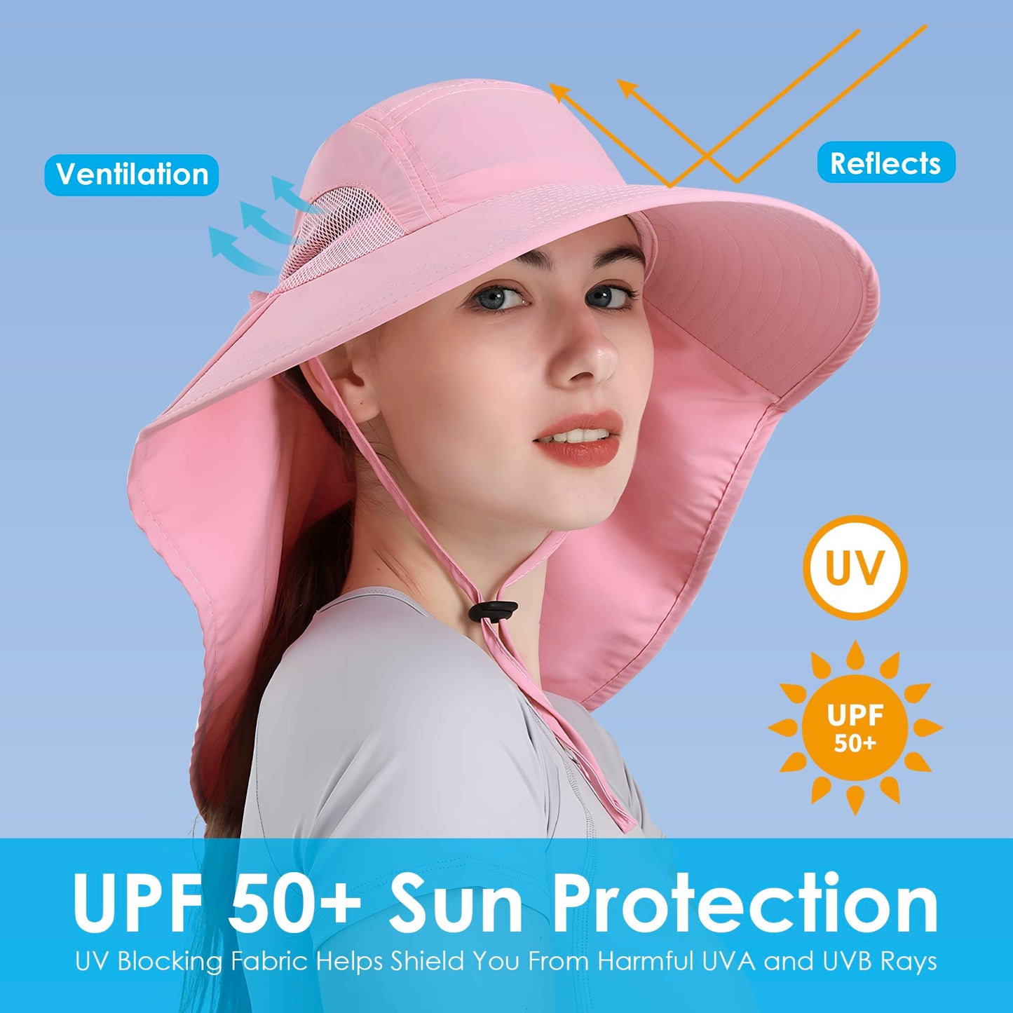 Womens Sun Hat UV Protection, Foldable Waterproof Wide Brim Bucket Hats with Neck Flap for Summer Beach Fishing Hiking Pink