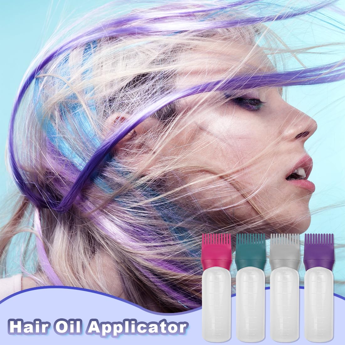FZWONVUC 4 Pack Root Comb Applicator Bottle, Hair Oil Applicator, Oil Comb Applicator Bottle for Hair Dye Shampoos Hair Salons (Purple+Red+Grey+Green)
