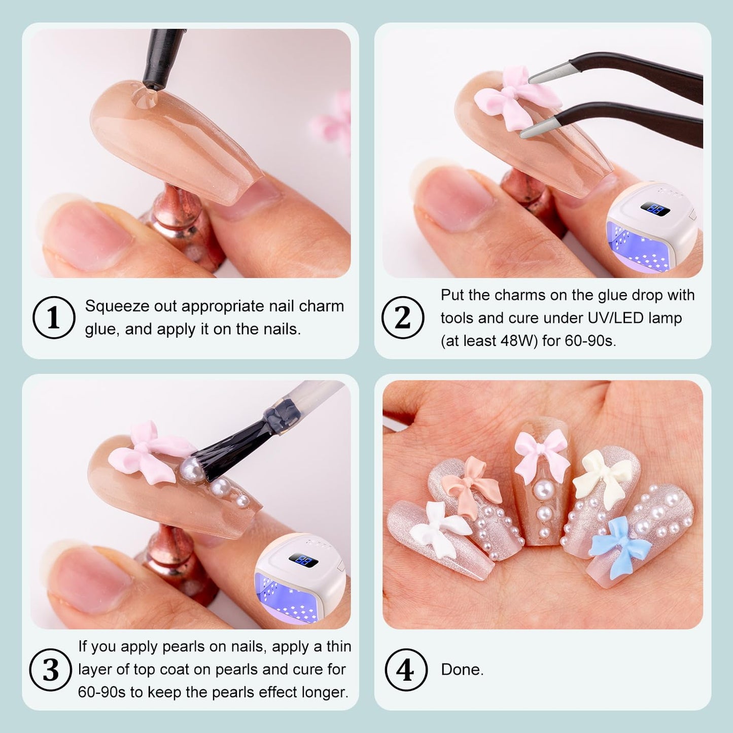 3D Nail Charms & Pearls Set - 600 Pcs, Pink & White Bows & Stars + White Pearls (2-4mm) for Nail Art DIY Decoration