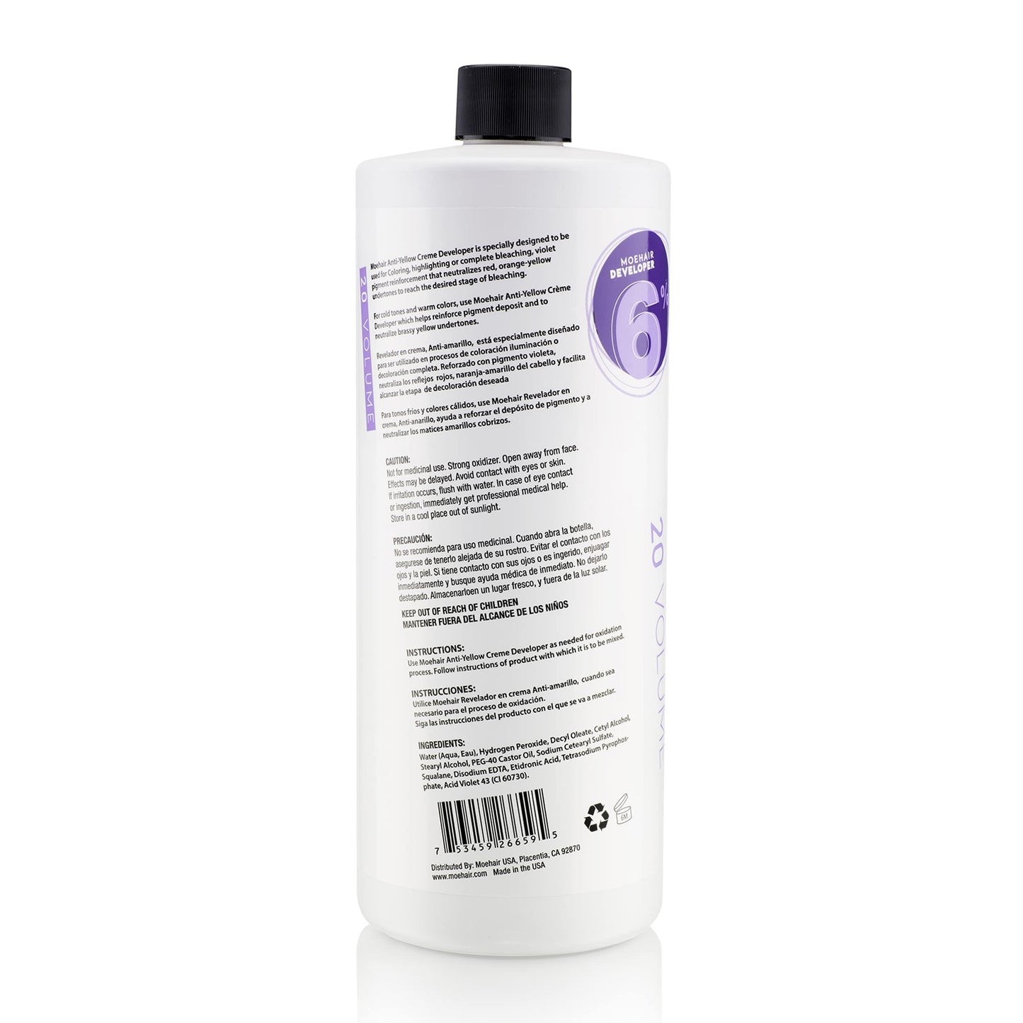 Moehair Anti Yellow Hair Color Developer Creme 20 volume 6% hydrogen peroxide with Violet Pigment, Professional developer for hair coloring, bleach for brighter and lighter tints. 32 Fl Oz