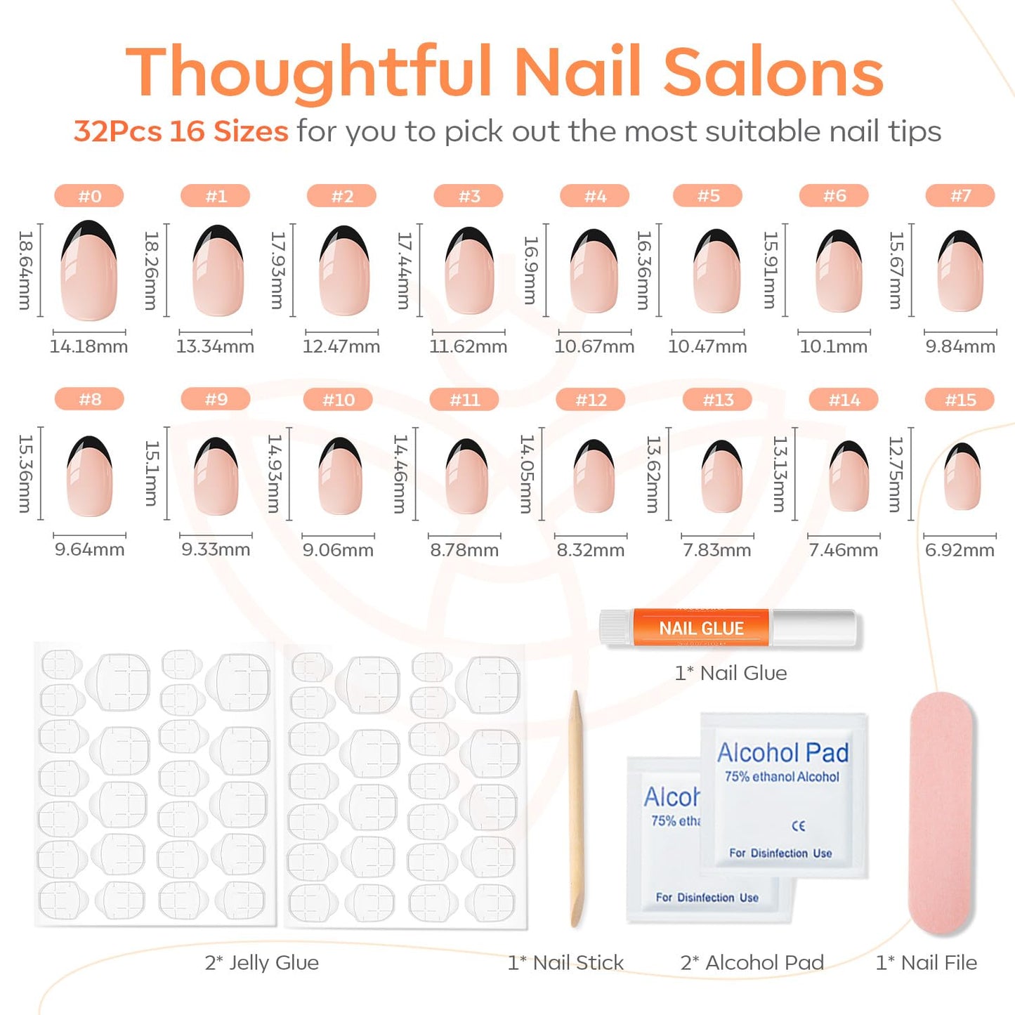 modelones Black French Tip Press On Nails, 32Pcs 16 Sizes Short Oval Fake Nails Press Ons with Nail Glue, Adhesive Tabs, Nail File, Prep Pad, Manicure Stick