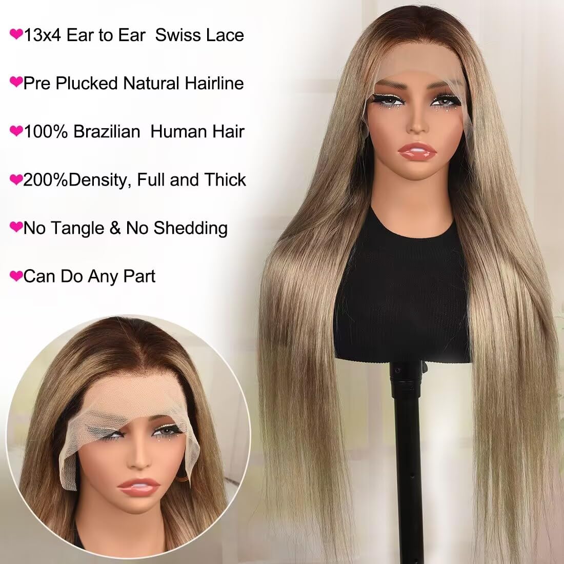 Ash Blonde Wig Human Hair 13x4 Transparent Lace Front Wigs Human Hair 200% Density Ash Blonde Straight Lace Front Wigs for Black Women Pre Plucked Dark Brown Roots Platinum HD Lace Frontal Wig 26 Inch
