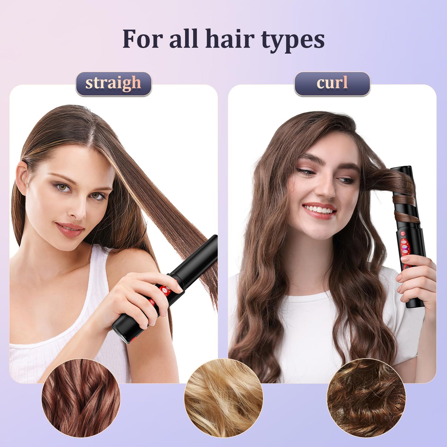 Cordless Titanium Hair Straightener and Curler, Mini Portable USB Rechargeable Fast Heat Up Flat Iron with 5V/5000mAh Battery, Anti-Scald 3-Level for Swift, Smooth and Glossy Hair, Travel Size (Black)