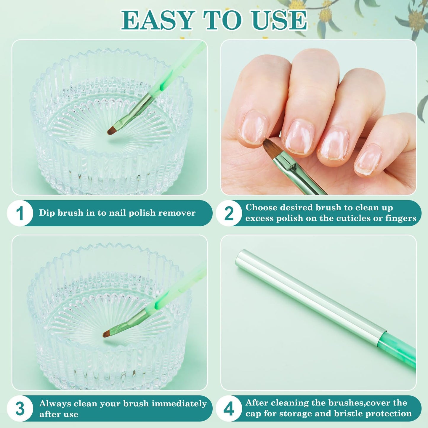 Green Nail Art Clean Up Brushes for Cleaning Polish Mistakes on the Cuticles, Acetone Resistant Nail Brush, Fingernail Cleaning Brushes for Nail Art and Designs (Round&flat&Bevel)