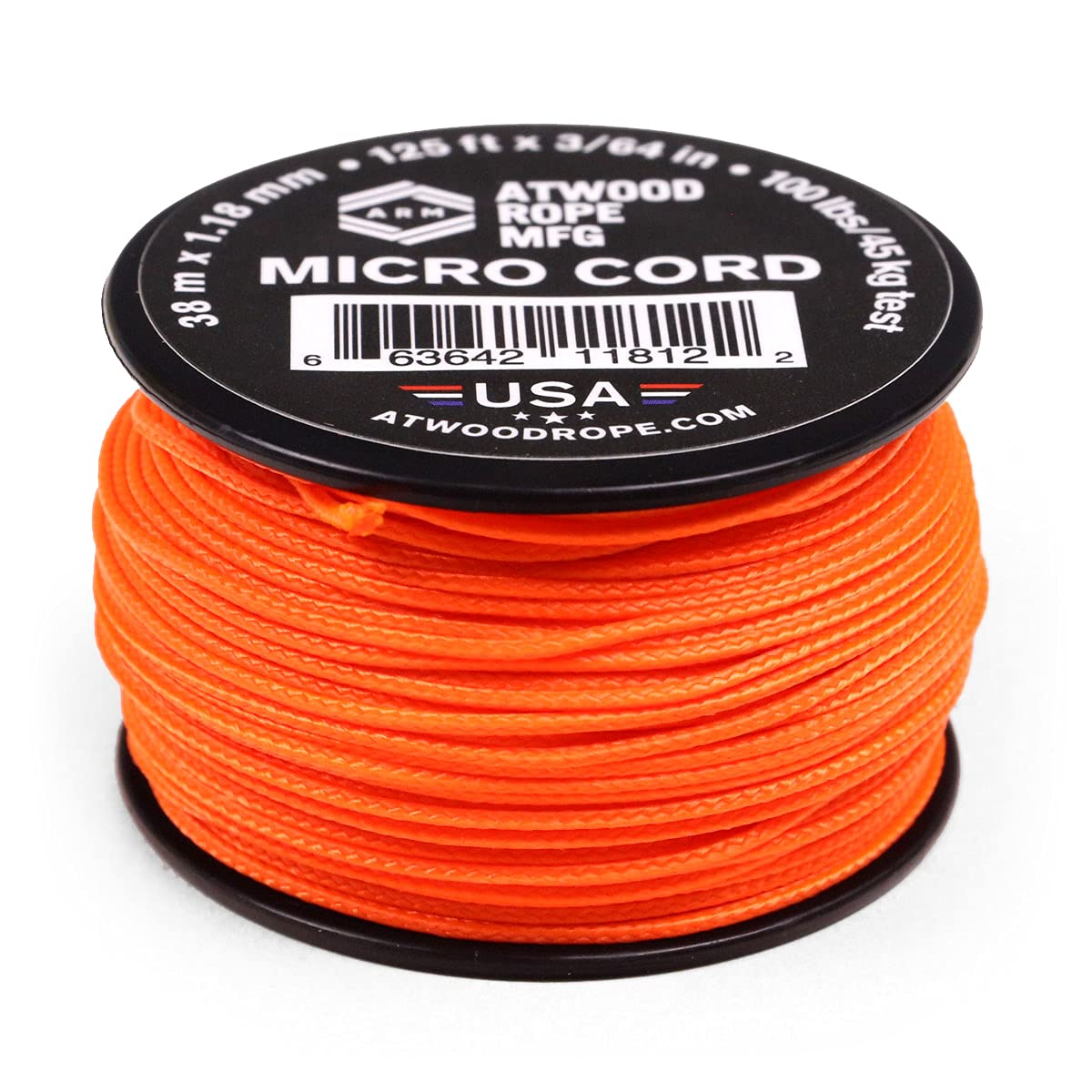 Atwood Rope MFG Micro Utility Cord 1.18mm X 125ft Reusable Spool | Tactical Nylon/Polyester Fishing Gear, Jewelry Making, Camping Accessories (Neon Orange)