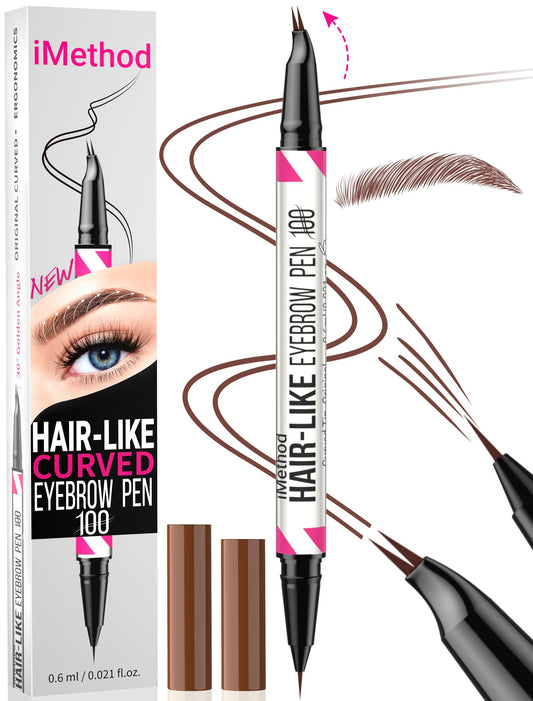 iMethod Curved Eyebrow Pen - 2-in-1 Dual-Ended Eyebrow Pencil with Curved Tip and Precise Brush-Tip, Microblading Pen for Natural Hair-Like Brows, Long Lasting, Reddish Brown