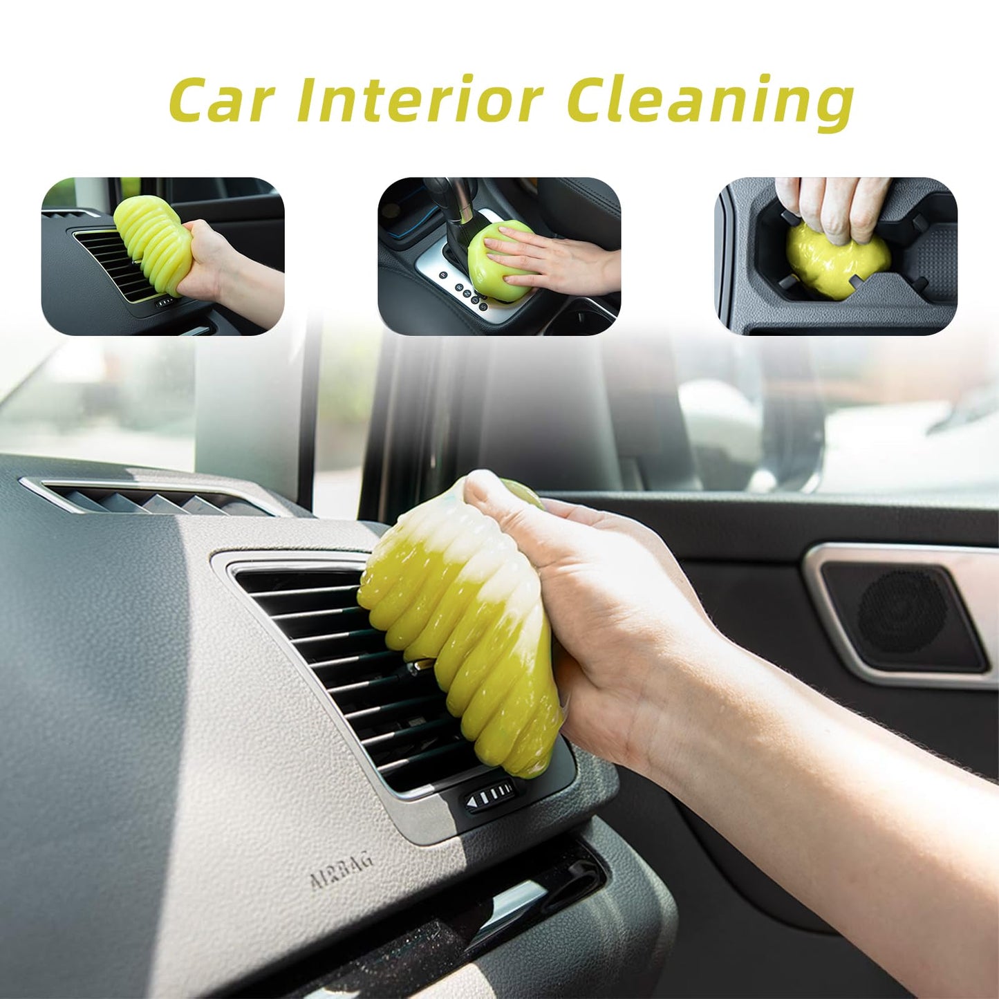 ASFSKY Car Cleaning Gel for Car Interior(Air Vents, Dashboard, Center Console, Cup Holders, Seat Seams, etc.) Removes Dust, and Debris, Reusable, No Residue Cleaner (3, Yellow)