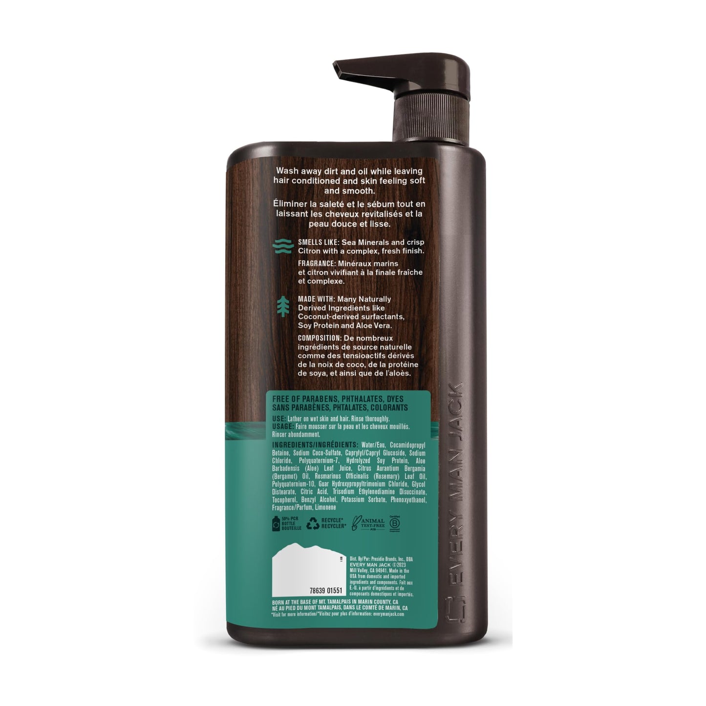 Every Man Jack Sea Minerals + Citron Hydrating Mens 3-in-1 All Over Wash for All Skin and Hair Types - Body Wash, Shampoo and Conditioner with Naturally Derived Ingredients - 28.8oz (2 Pack)