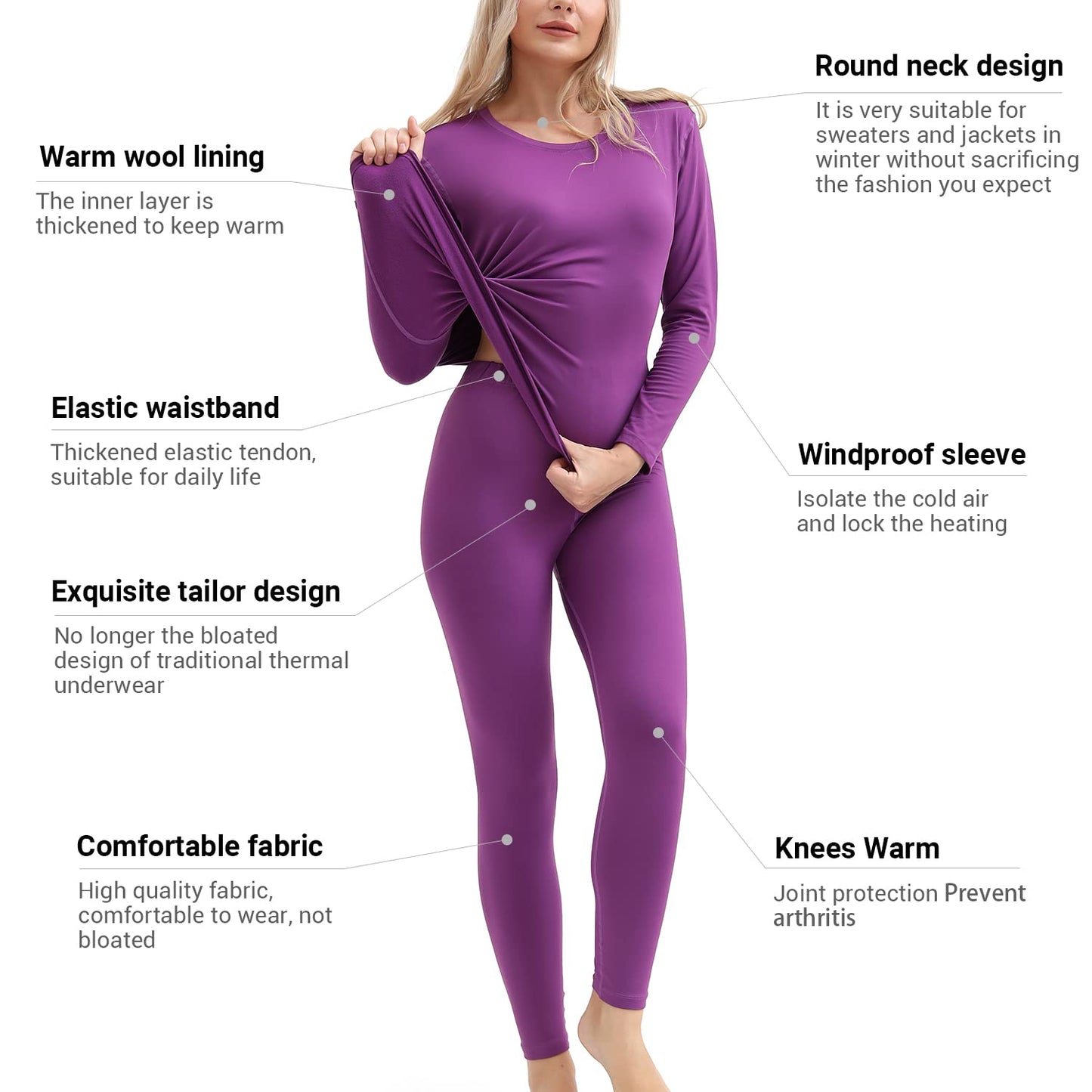 Thermal Underwear Women Ultra-Soft Long Johns Set Base Layer Skiing Winter Warm Top & Bottom (Purple, X-Small)