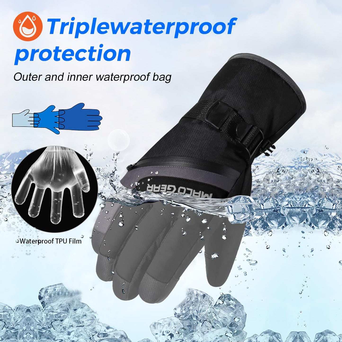 WTACTFUL Waterproof Insulated Mens Ski Gloves Touchscreen Winter Warm 3M Thinsulate Snowboard Snowmobile Cold Weather Gloves Black L