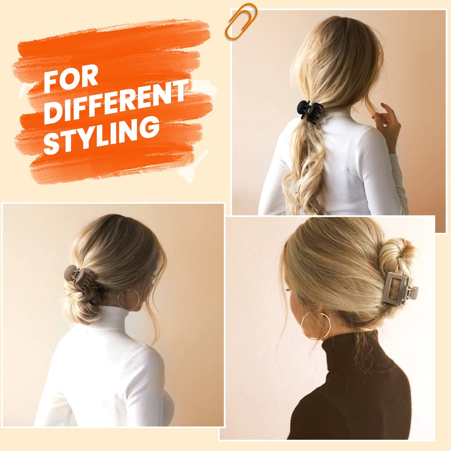 DEPOKA Matte Hair Clips for Women Girls - 2" Rectangle & 1.6" Double Row Teeth Small Jaw Clips, Non-Slip Design for Thin/Fine Hair (White, Khaki, Brown, Black)