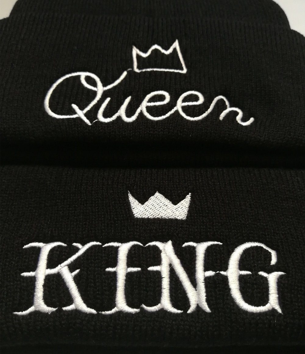 MIUNIKO Couples Lovers Fashion King and Queen Winter Warm Knit Skull Cap Ski Beanie Hats, 2-Piece Set Black