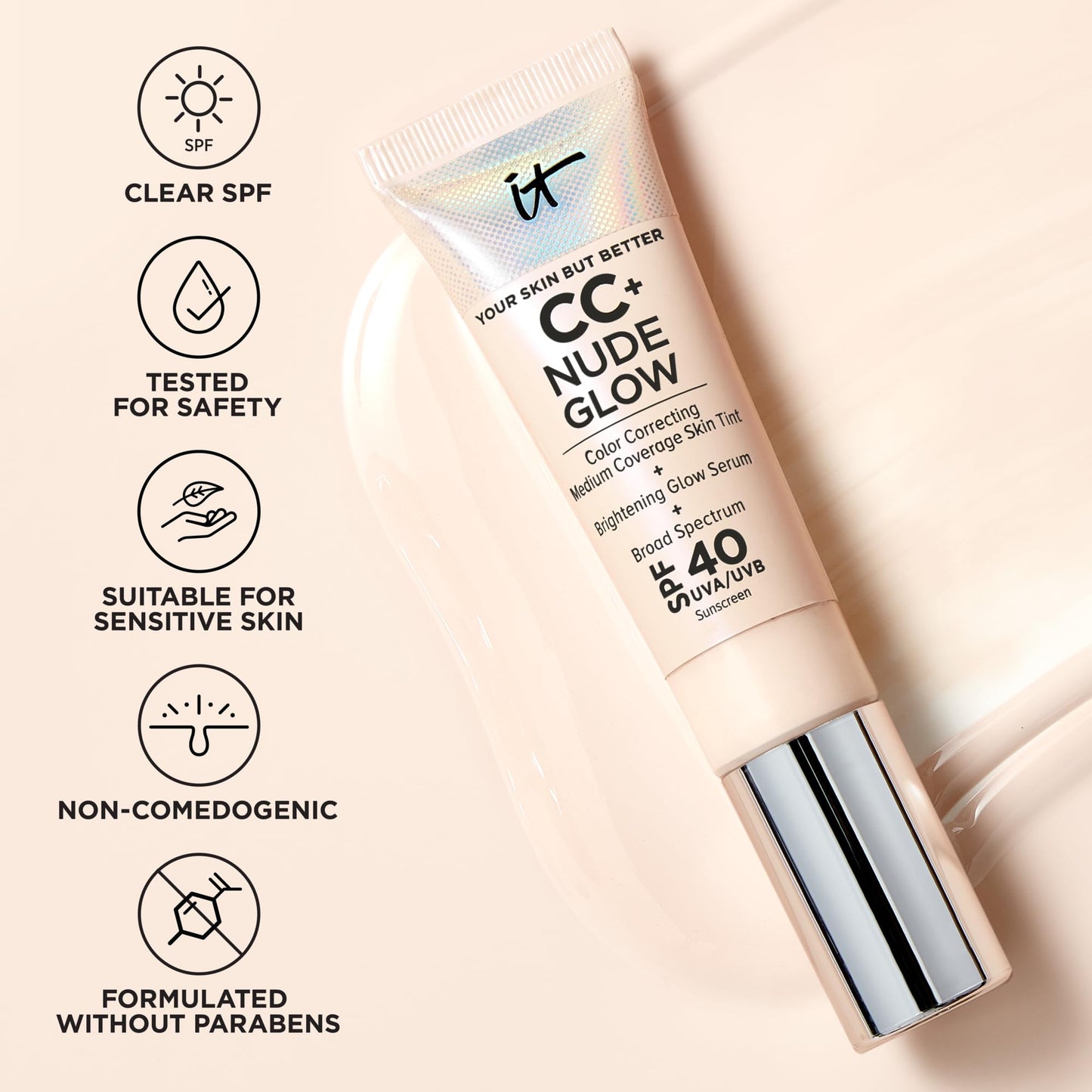 IT Cosmetics CC+ Nude Glow Lightweight Foundation + Glow Serum with SPF 40 - With Niacinamide, Hyaluronic Acid & Green Tea Extract - Tan Warm - 1.08 fl oz