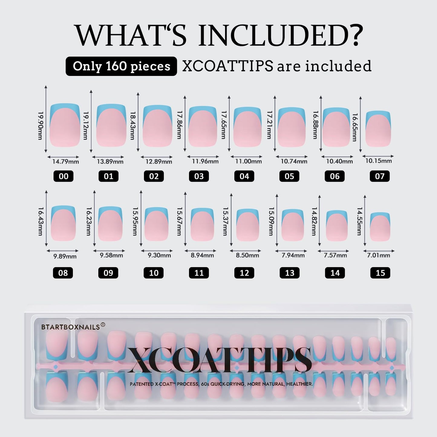 BTArtboxnails XCOATTIPS French Tip Press On Nails - Blue Press On Nails Short, Square Fake Nail Tips, 160Pcs Soak Off Soft Gel Acrylic Nail Extension in 16 Sizes