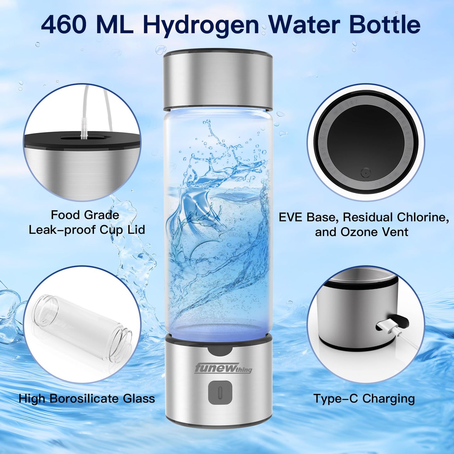 Hydrogen Water Bottle Generator, 2300ppb Portable Water Ionizer Machine with SPE/PEM Technology in 3-Minute Electrolysis, Rechargeable Hydrogen Rich Glass Cup for Home Office Travel & Fitness