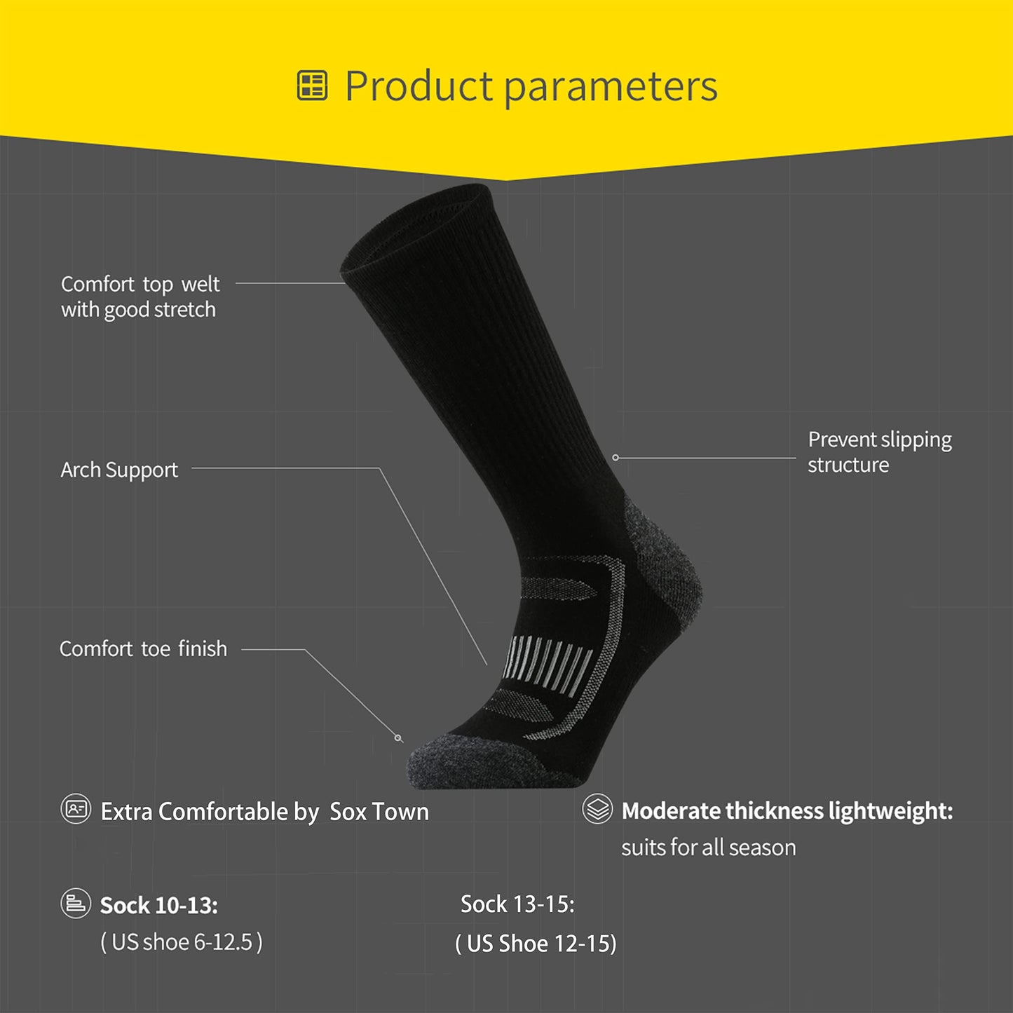 SOX TOWN Men's Merino Wool Cushion Crew Socks for Outdoor Hiking Hike Trail Performance Moisture Wicking Lightweight Summer(Black L)
