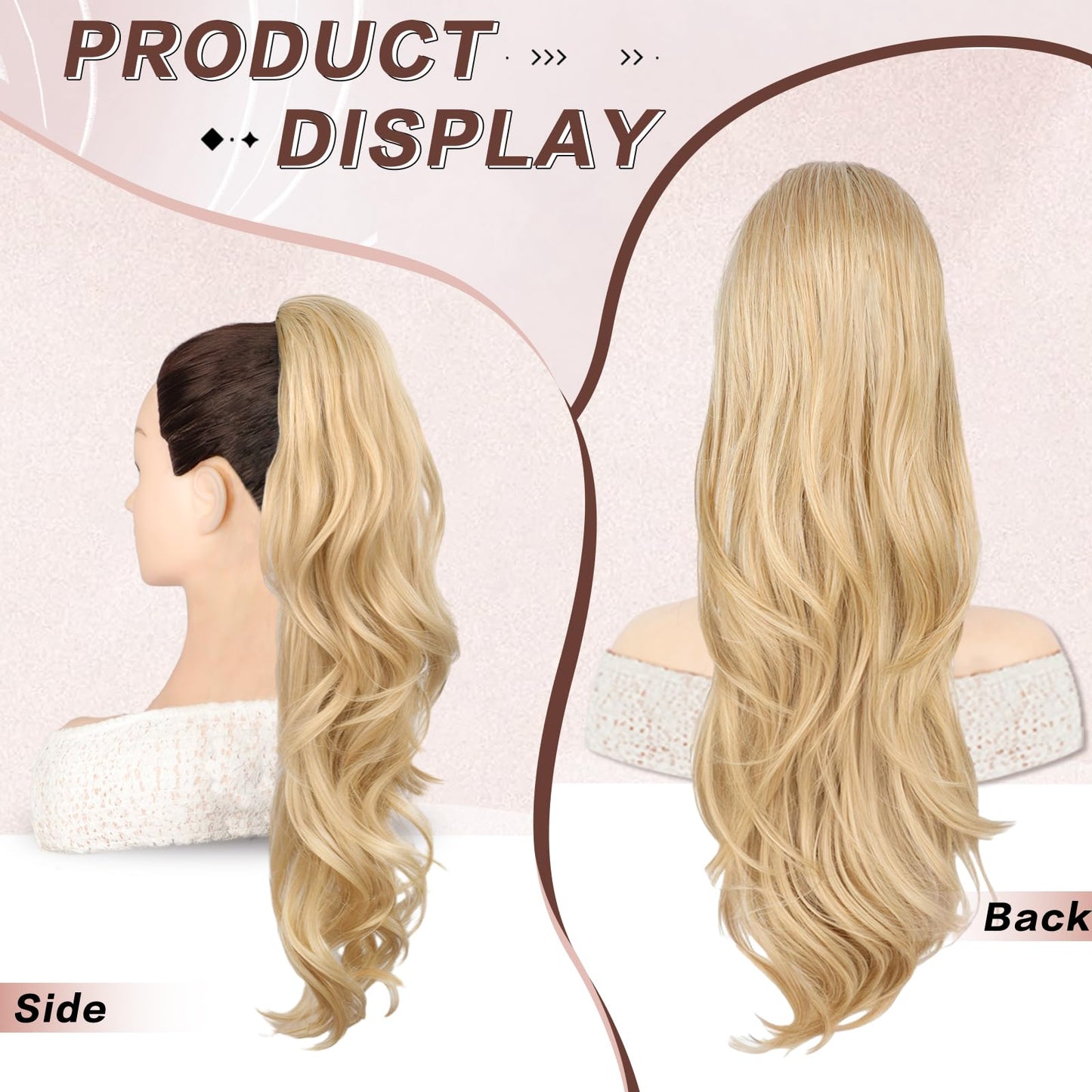 CHRSHN Blonde Ponytail Extension, 26 Inch Drawstring Ponytail Extension for Women Long Blonde Wavy Layered Pony Tails Hair Extensions Synthetic Clip in Ponytail Hairpiece for Women(27/613)