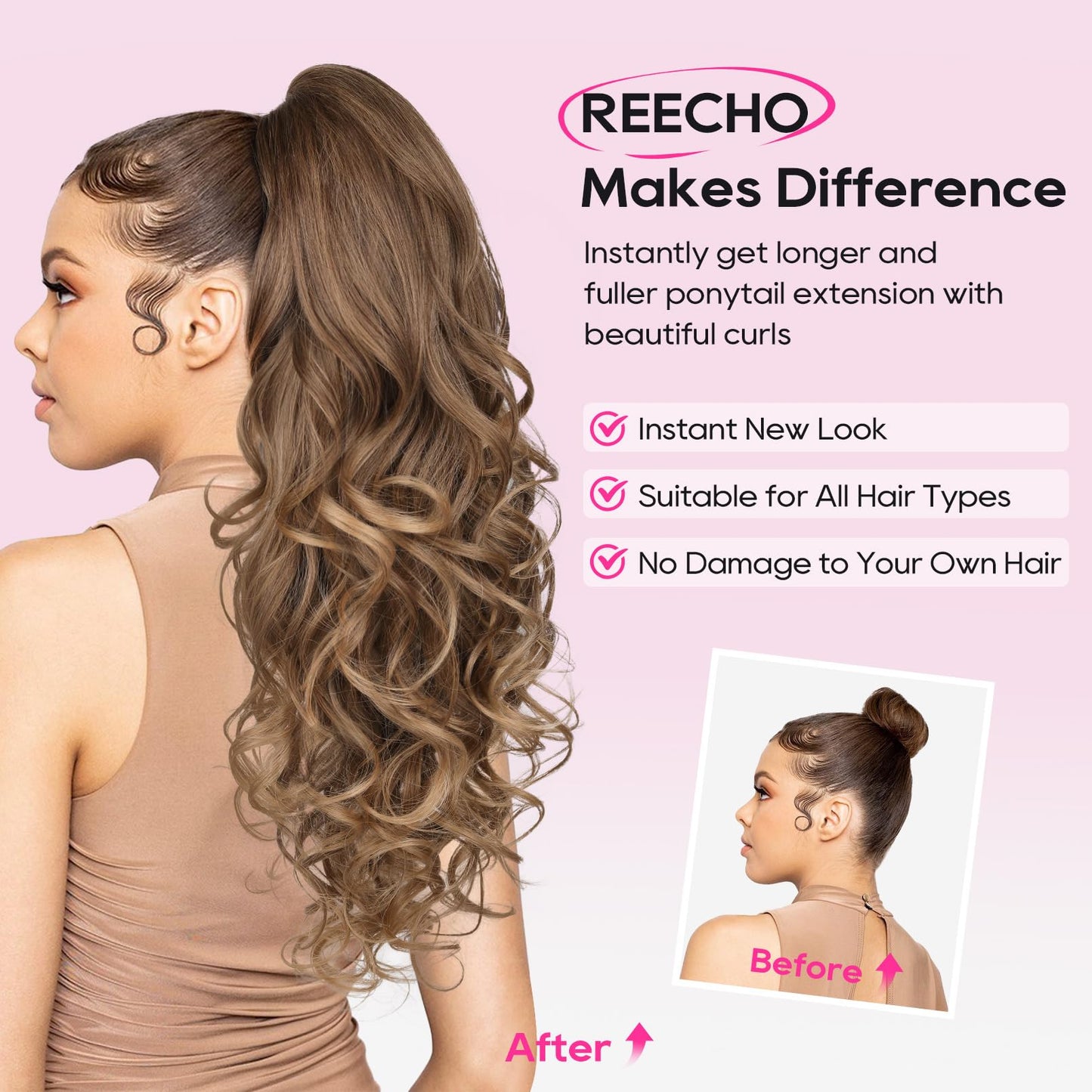 REECHO Ponytail Extension, 24" Claw Clip in Long Curly Wavy Ponytail Hair Extension Jaw Clip on Pony Tails Hairpiece for Women - Medium Blonde with Pale Highlights